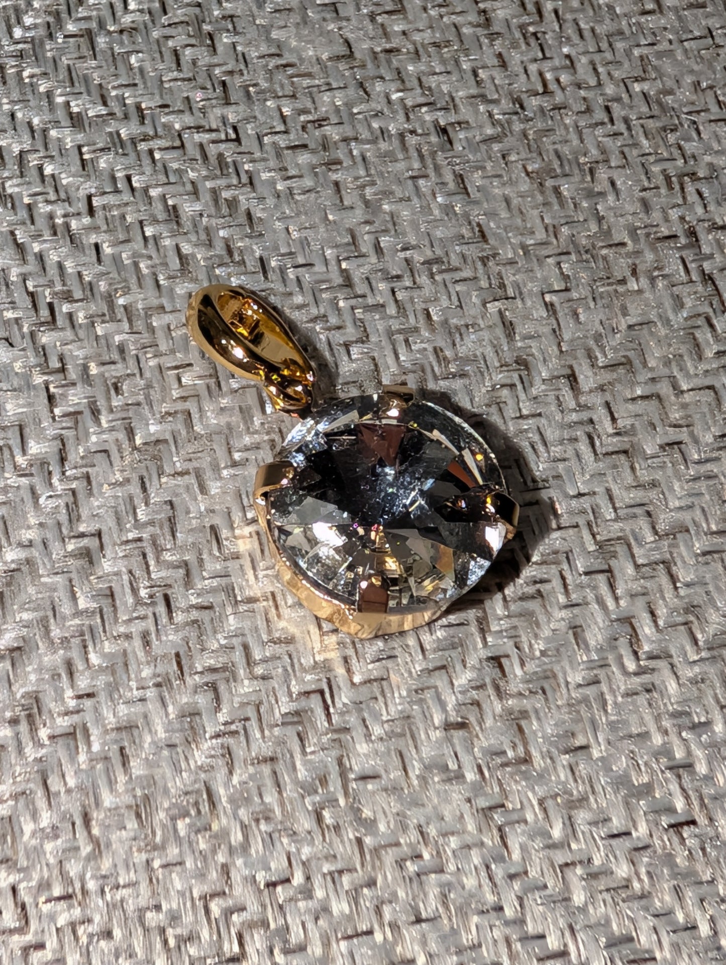 WaFa Small Round Crystal Charm — round faceted smoky grey crystal pendant in gold prong setting with bail loop