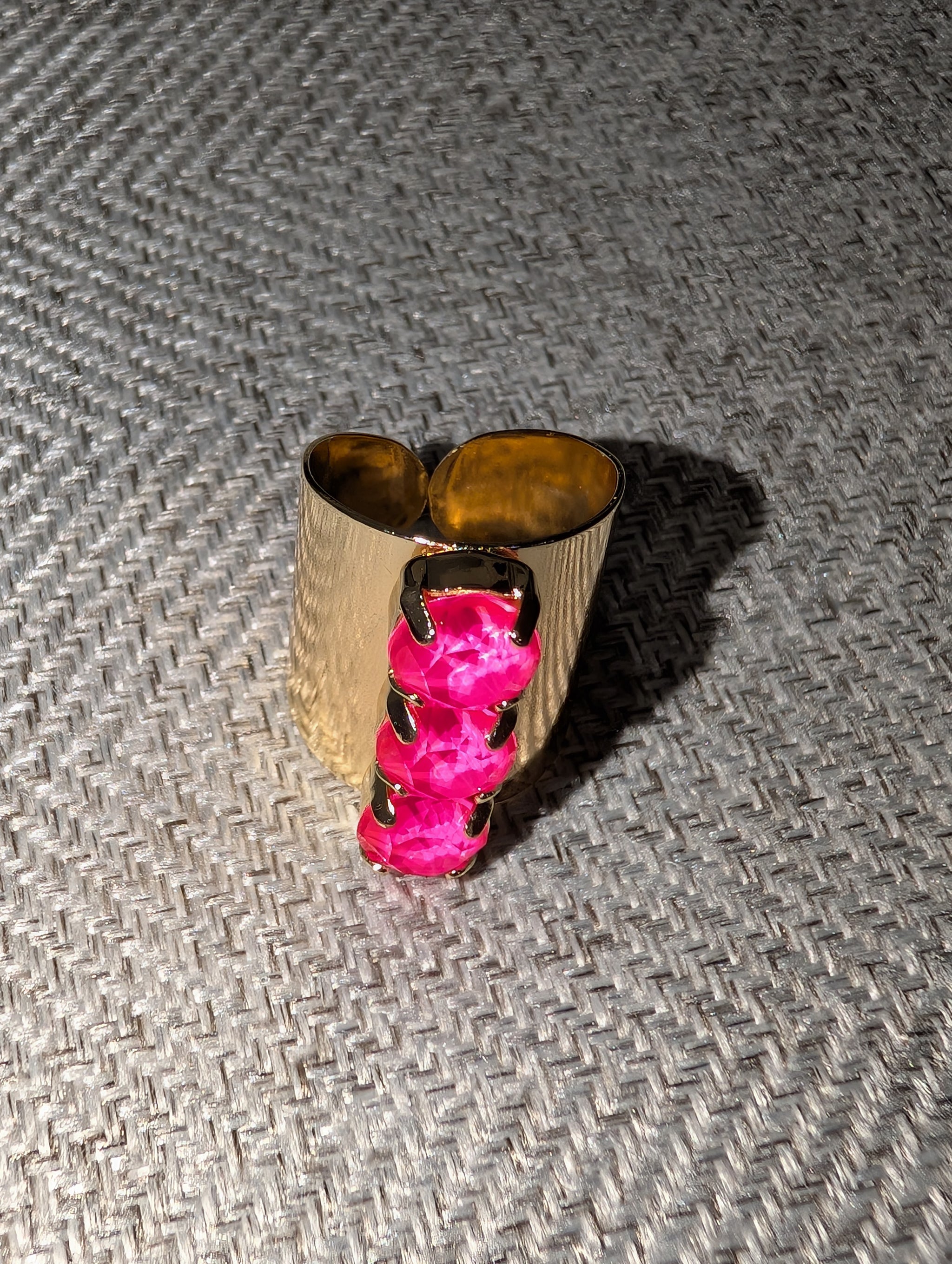 Pre Order WaFa Neon Pink 3-Stone Crystal Cuff Ring — wide gold cuff ring with three stacked neon pink crystals in gold prong setting