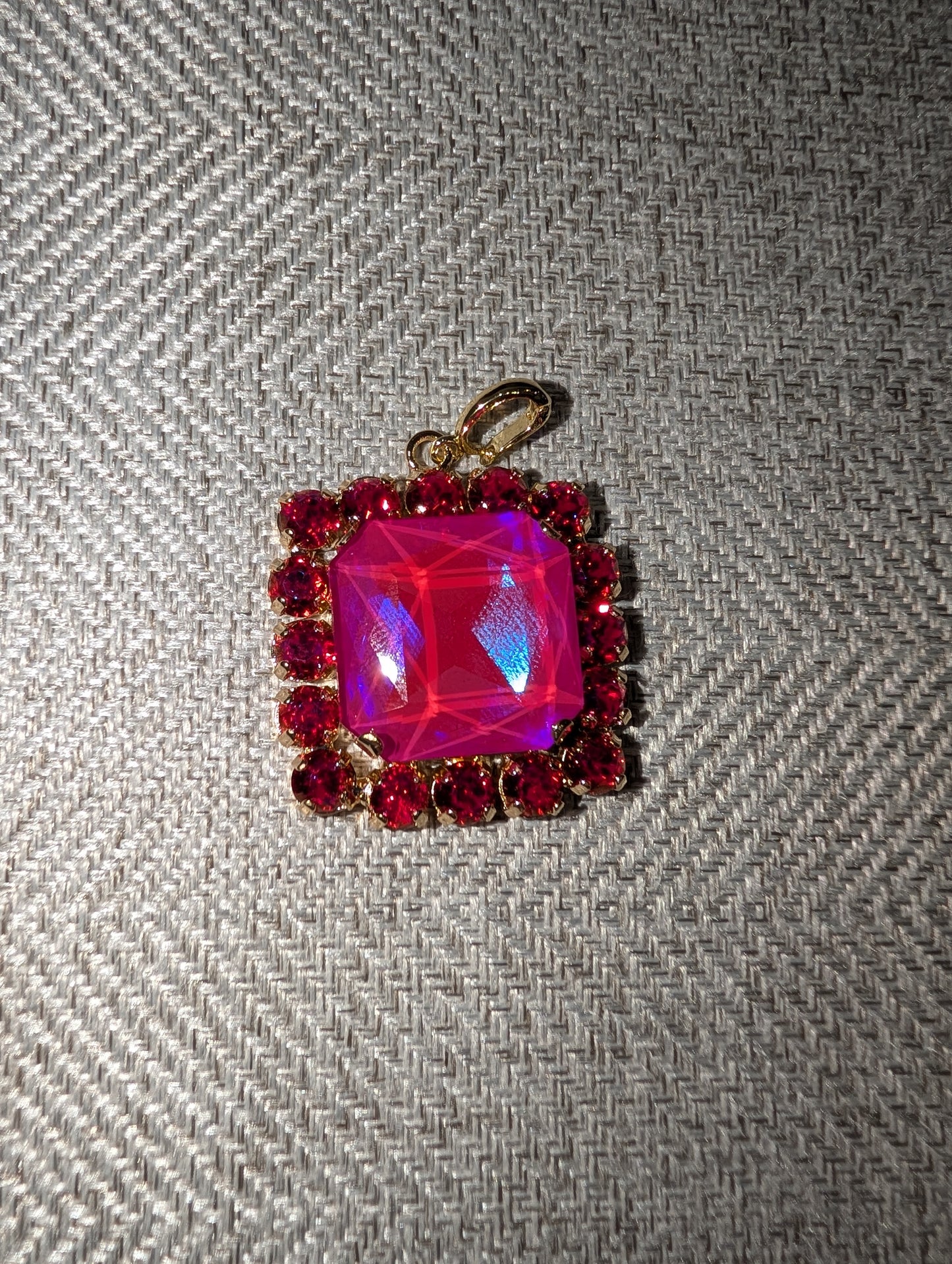 Pre Order WaFa Square Crystal Halo Pendant — hot pink AB square center stone surrounded by red crystal halo in gold setting