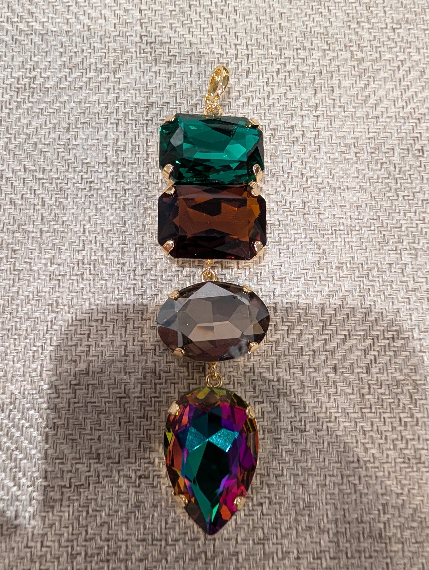 Pre Order WaFa 4-Stone Crystal Drop Pendant — volcano colorway: emerald green, smoky brown, grey oval, AB teardrop