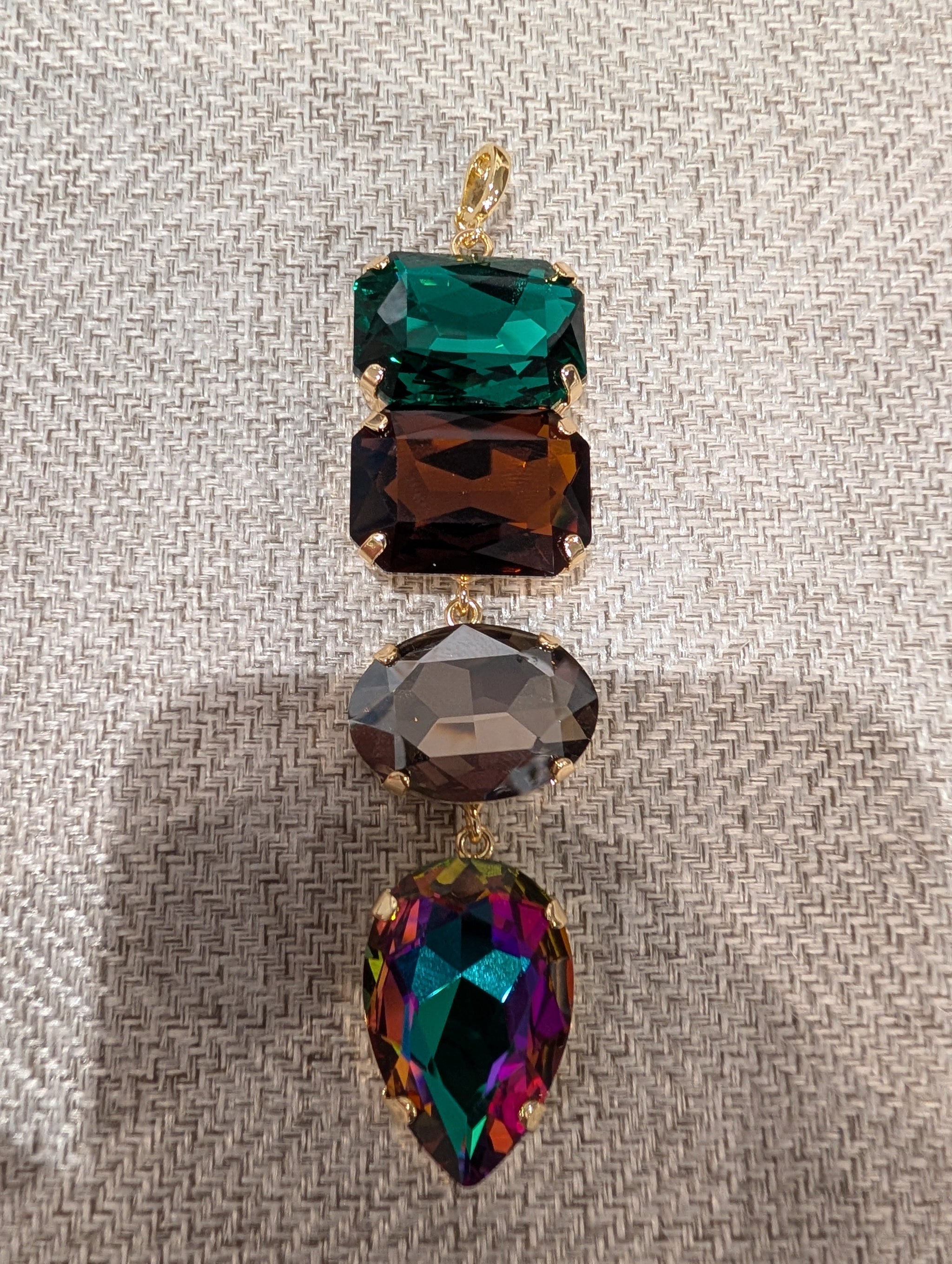 Pre Order WaFa 4-Stone Crystal Drop Pendant — volcano colorway: emerald green, smoky brown, grey oval, AB teardrop