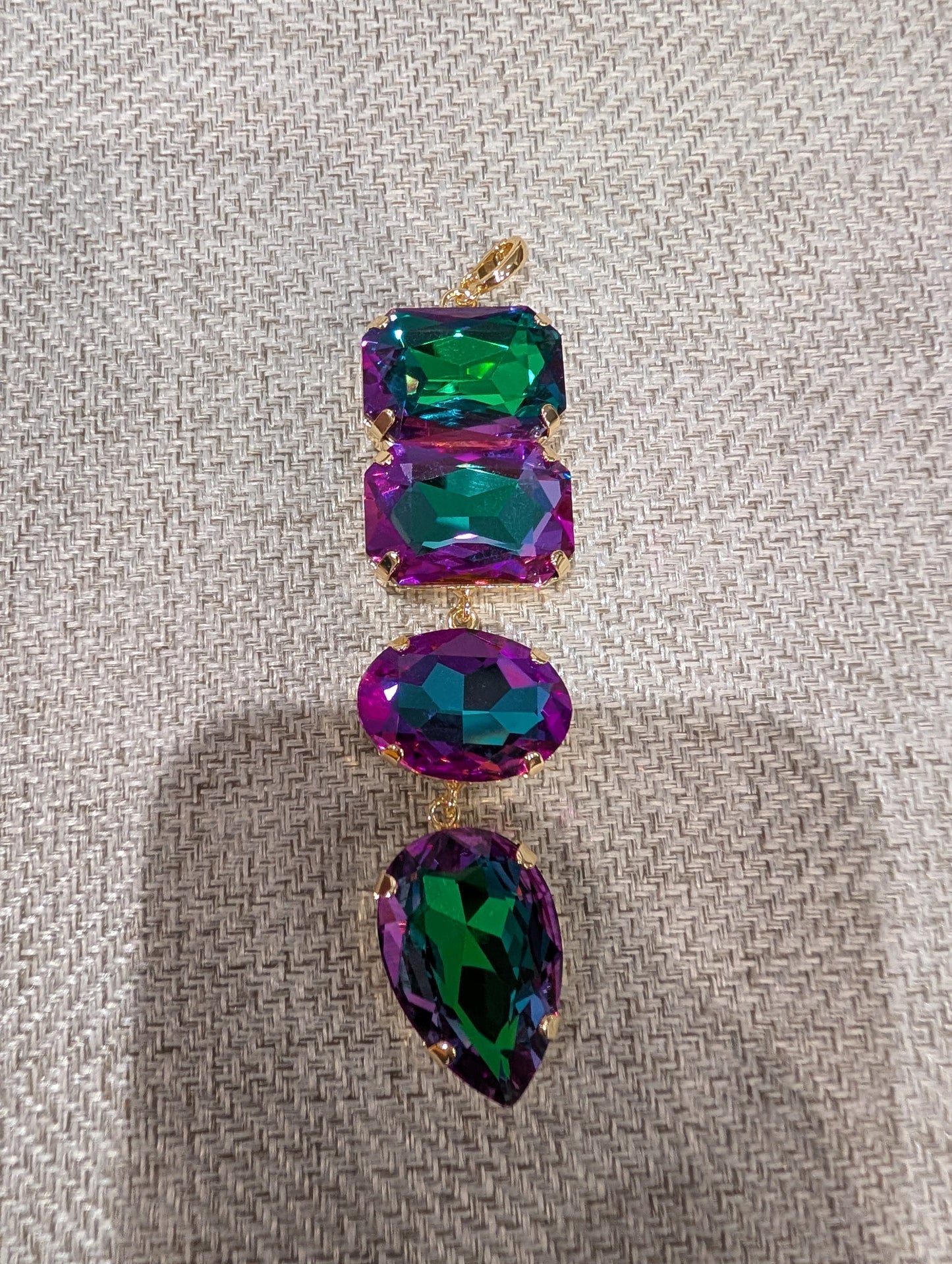 Pre Order WaFa 4-Stone Crystal Drop Pendant — greens colorway: emerald, purple AB, magenta oval, purple teardrop