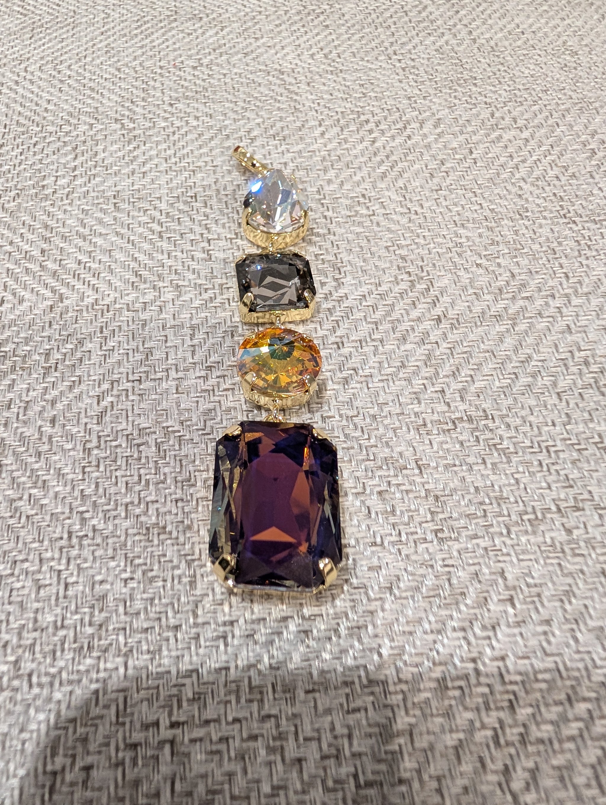Pre Order WaFa Mixed Crystal Drop Pendant — brown colorway: moonstone teardrop, smoky grey square, amber oval, deep amethyst emerald-cut