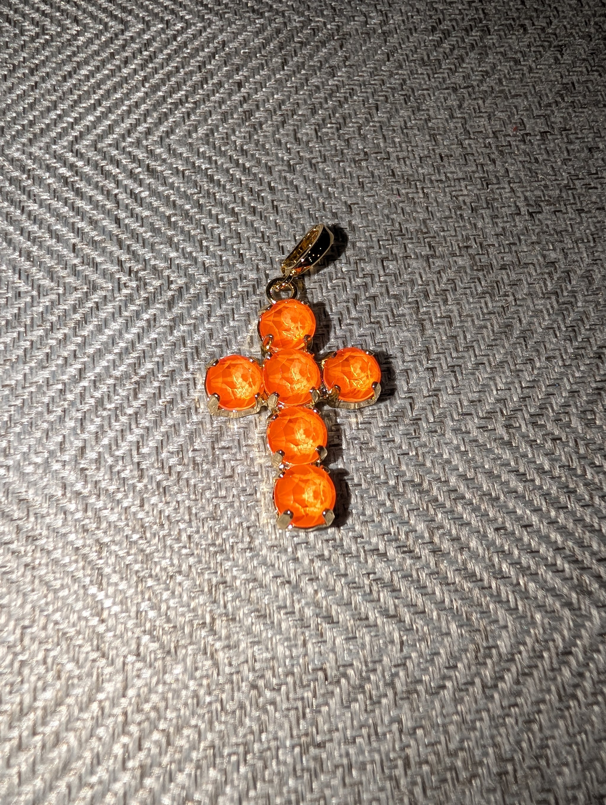 Pre Order WaFa Small Crystal Cross Pendant — neon orange round crystals in cross formation with gold prong settings and lobster clasp bail