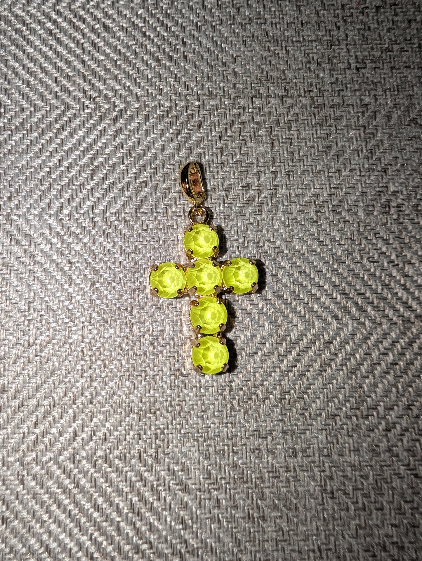 Pre Order WaFa Small Crystal Cross Pendant — neon yellow round crystals in cross formation with gold prong settings and lobster clasp bail