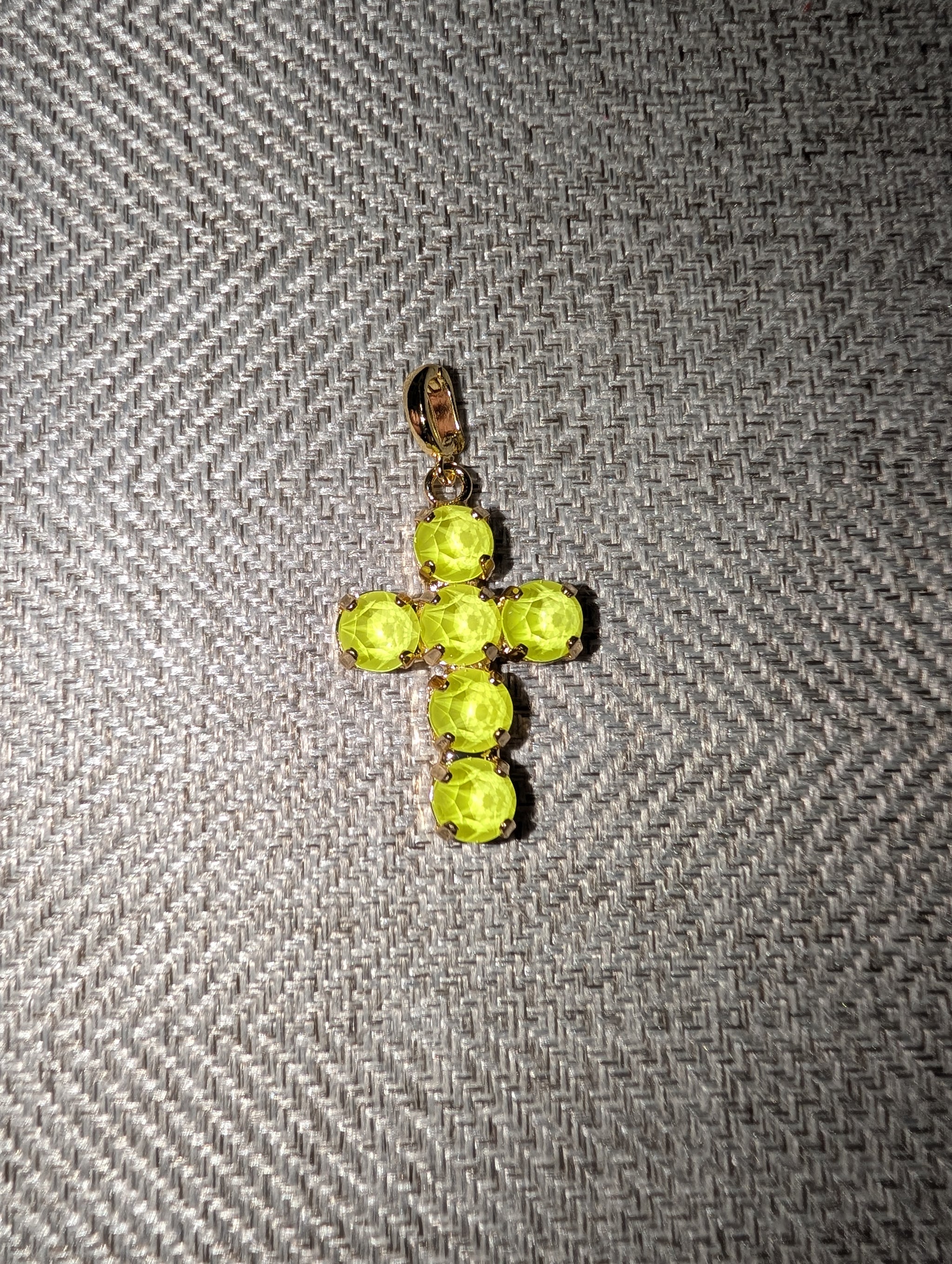 Pre Order WaFa Small Crystal Cross Pendant — neon yellow round crystals in cross formation with gold prong settings and lobster clasp bail