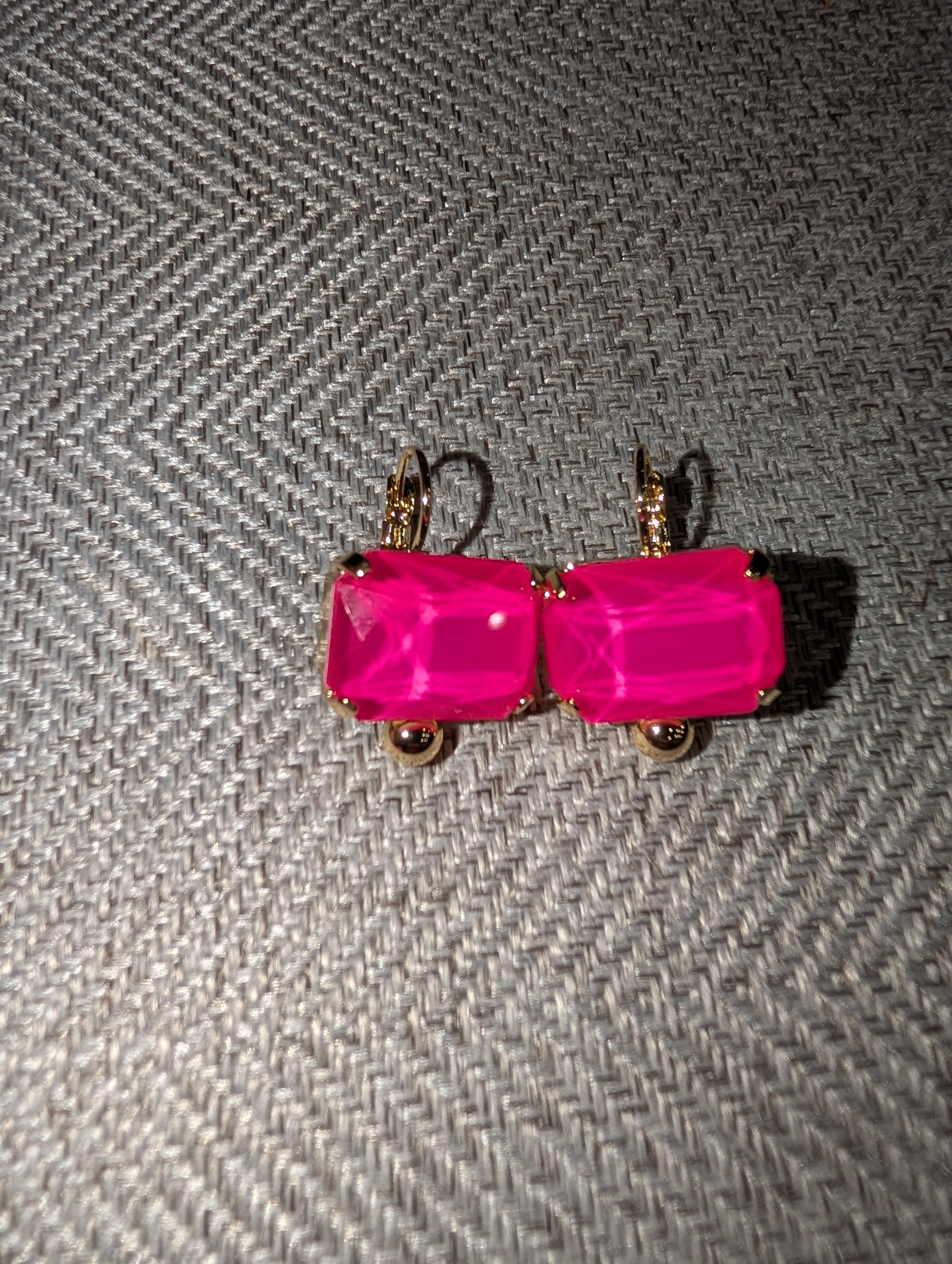 Pre Order WaFa Chunky Crystal Lever-Back Earrings — neon pink emerald-cut crystal in gold prong setting with lever-back closure