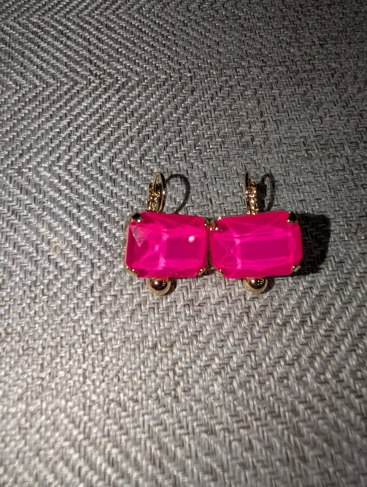 Pre Order WaFa Chunky Crystal Lever-Back Earrings — neon pink emerald-cut crystal in gold prong setting with lever-back closure