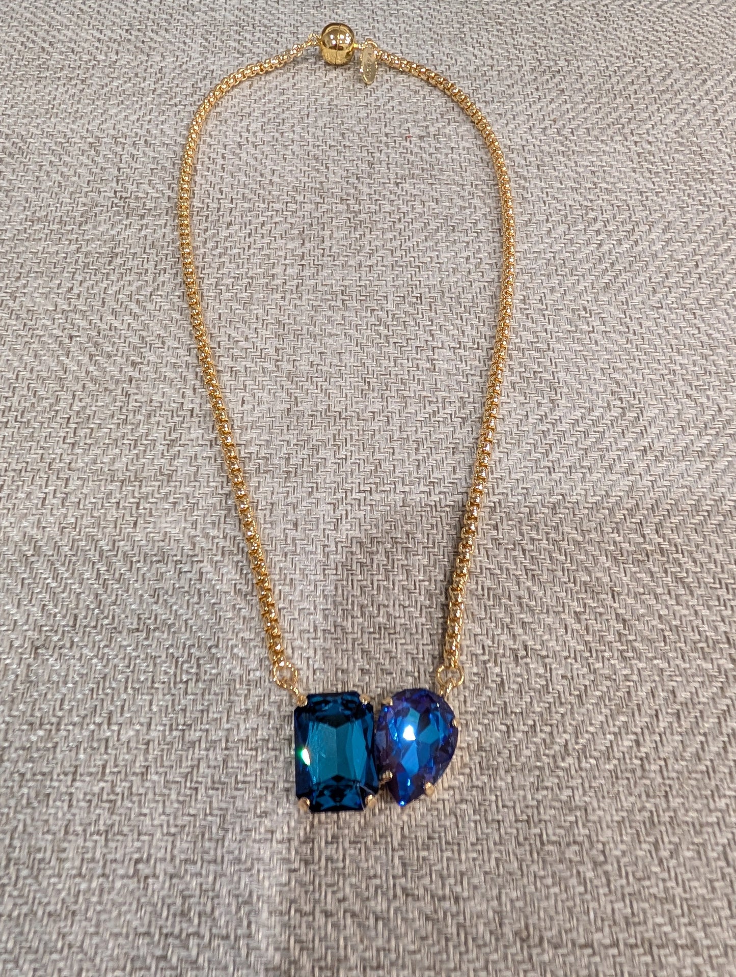 Pre Order WaFa Dual Crystal Pendant Necklace — blue: deep teal emerald-cut and violet-blue teardrop on gold chain