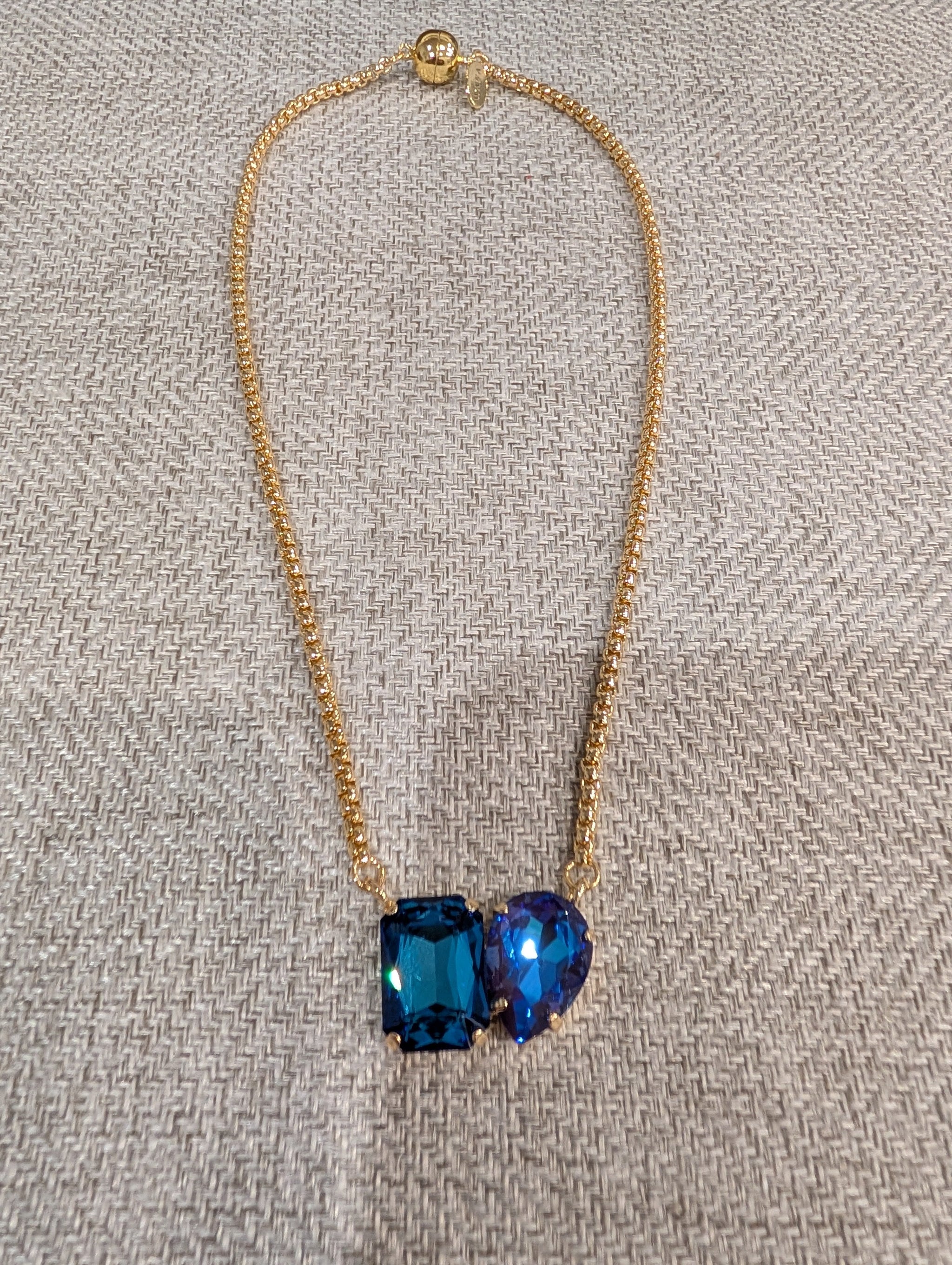 Pre Order WaFa Dual Crystal Pendant Necklace — blue: deep teal emerald-cut and violet-blue teardrop on gold chain