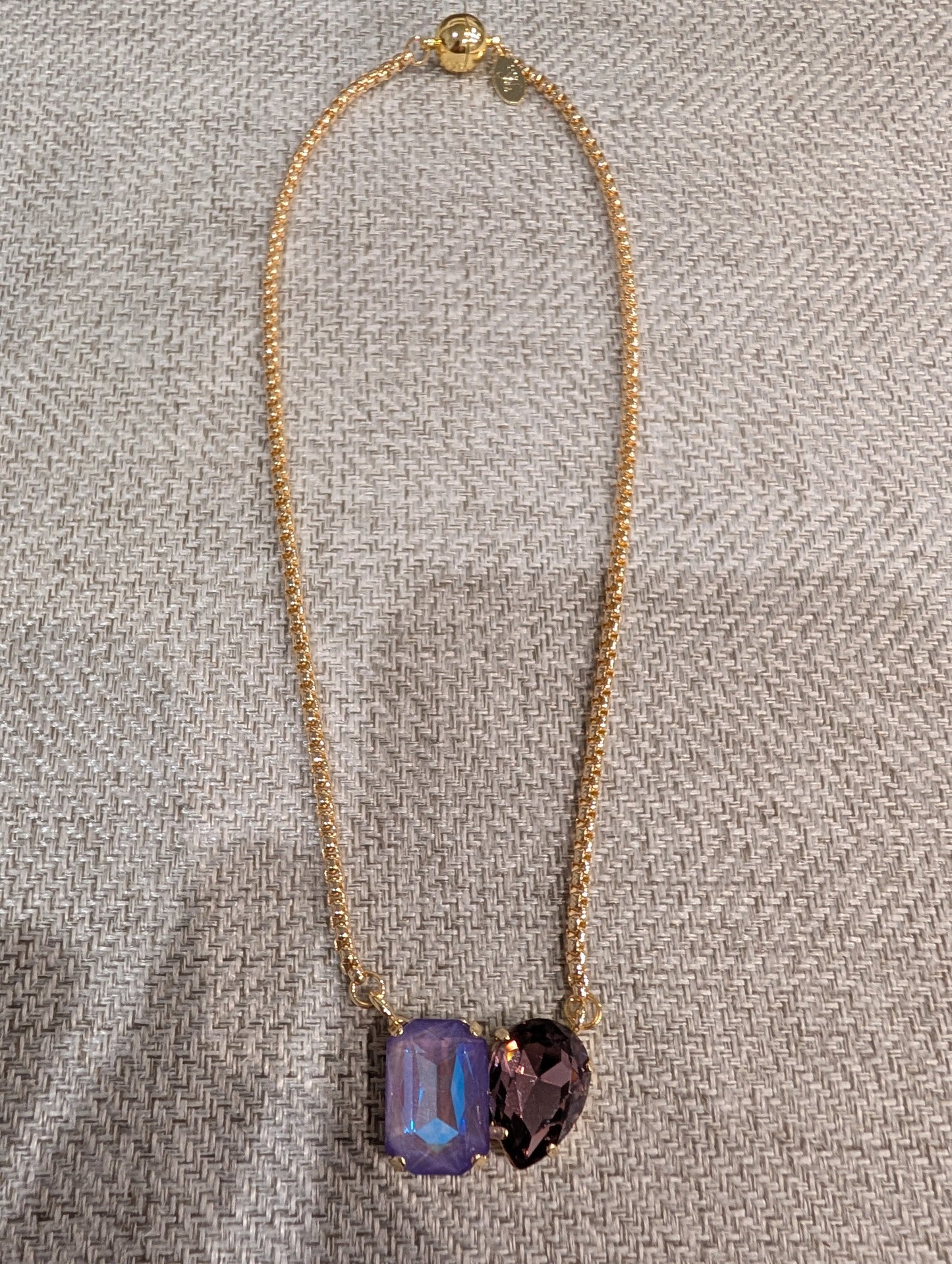 Pre Order WaFa Dual Crystal Pendant Necklace — purple: lavender opal emerald-cut and deep amethyst teardrop on gold chain