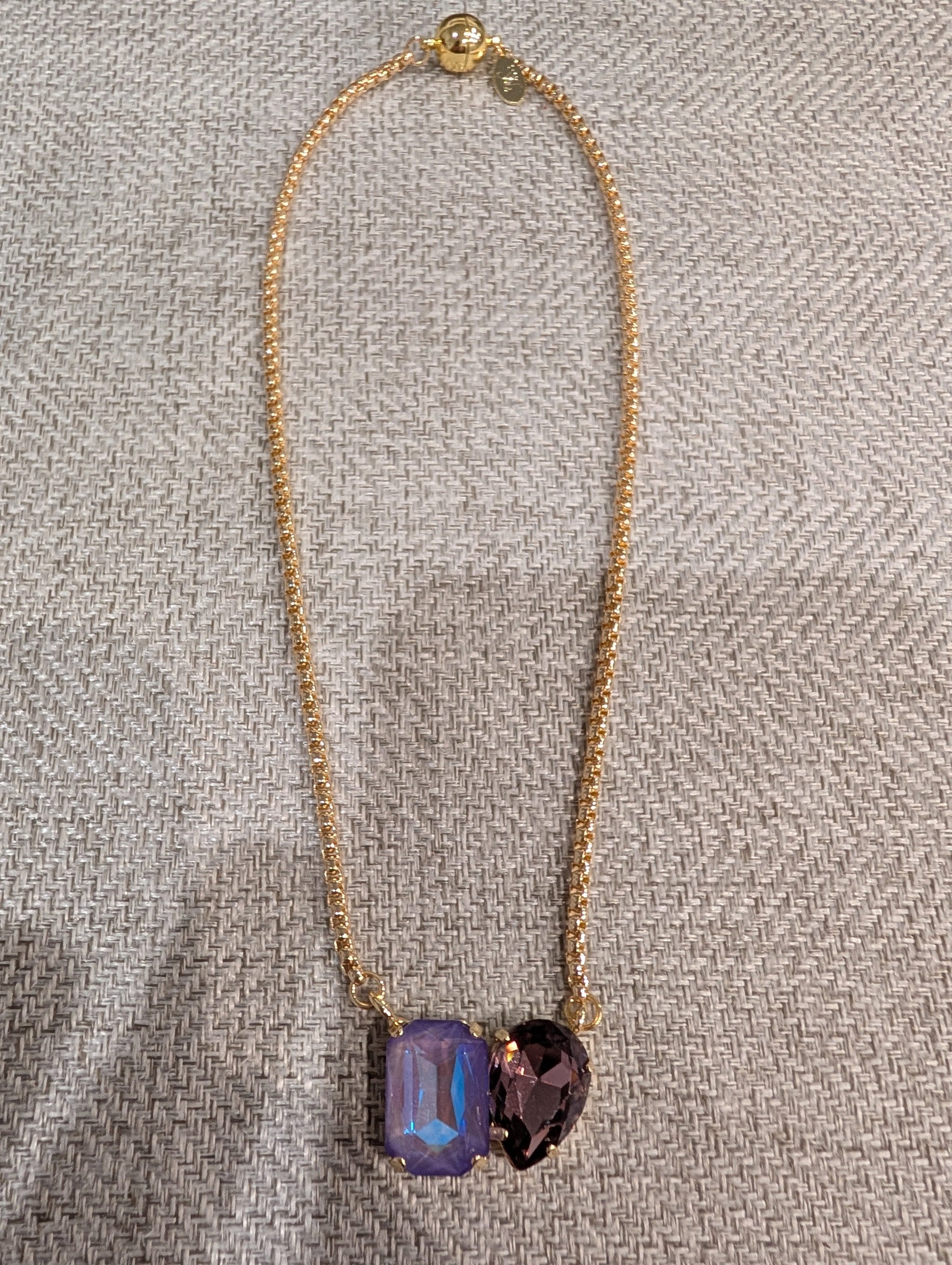 Pre Order WaFa Dual Crystal Pendant Necklace — purple: lavender opal emerald-cut and deep amethyst teardrop on gold chain