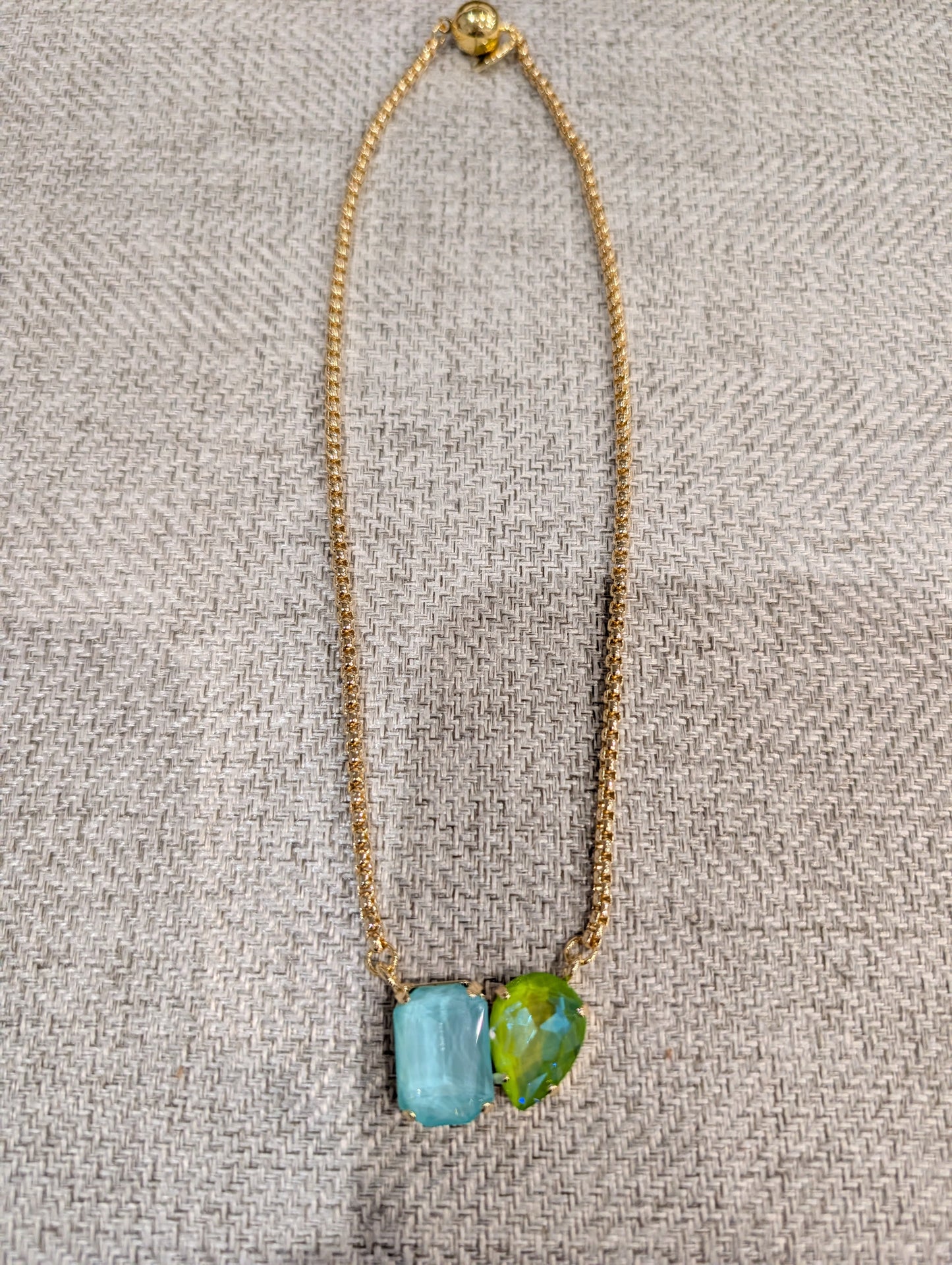 Pre Order WaFa Dual Crystal Pendant Necklace — aqua marian: soft aqua emerald-cut and chartreuse green teardrop on gold chain