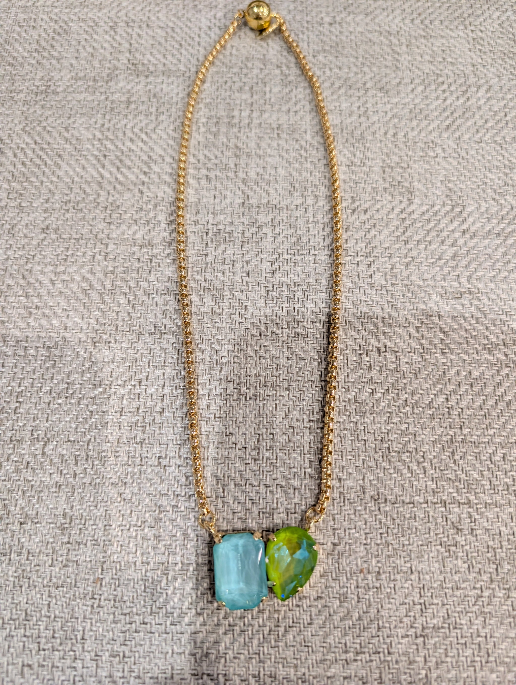 Pre Order WaFa Dual Crystal Pendant Necklace — aqua marian: soft aqua emerald-cut and chartreuse green teardrop on gold chain