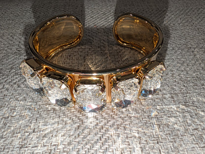 Pre Order WaFa 5-Stone Crystal Cuff Bracelet — crystal: five large clear crystal cushion-cut stones in gold prong settings on wide gold cuff