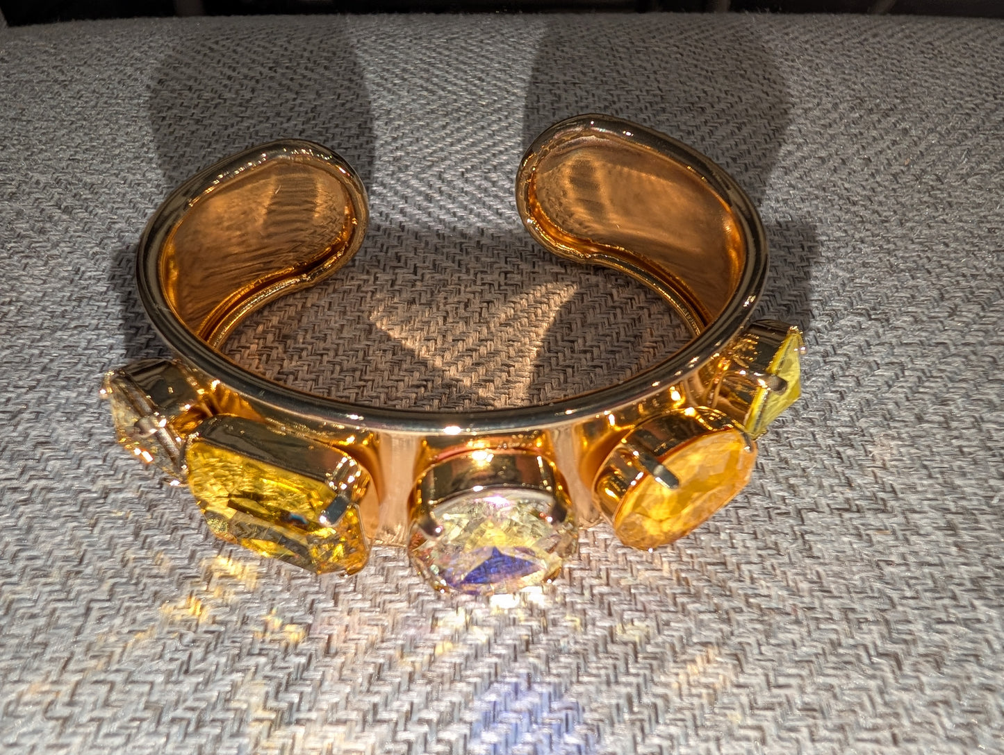 Pre Order WaFa 3-Stone Mixed Crystal Cuff Bracelet — neon yellow: clear round center with neon yellow cushion flanks on wide gold cuff
