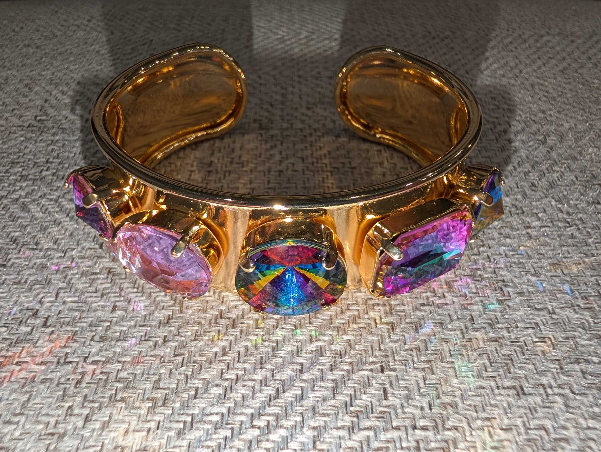 Pre Order WaFa 3-Stone Mixed Crystal Cuff Bracelet — volcano: rainbow AB round center with pink marquise flanks on wide gold cuff