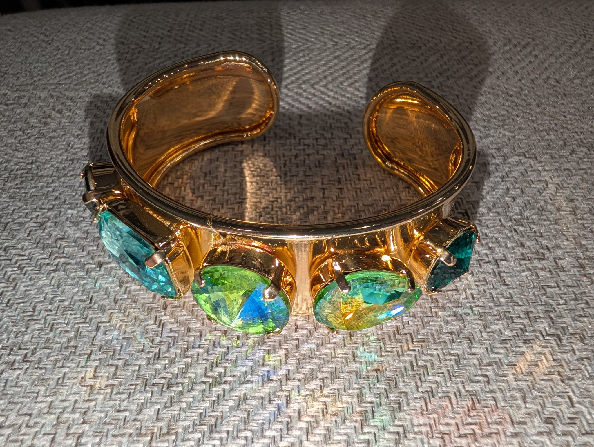 Pre Order WaFa 4-Stone Mixed Crystal Cuff Bracelet — green: teal marquise, green AB rivoli center, green AB oval on wide gold cuff