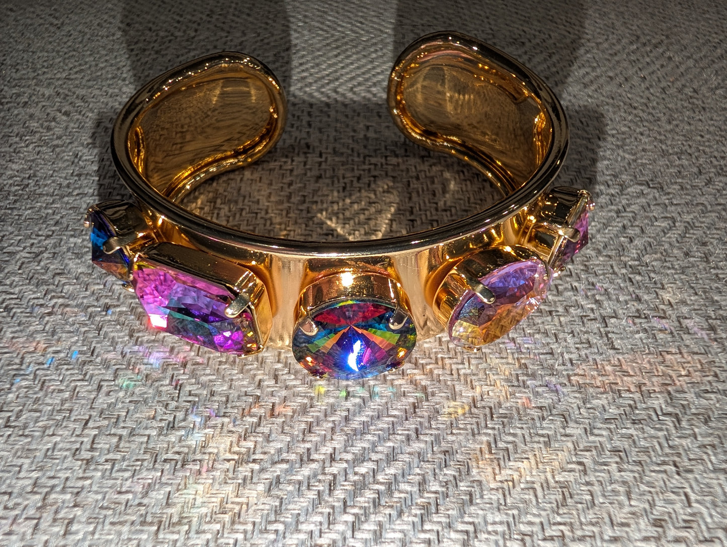 Pre Order WaFa 4-Stone Mixed Crystal Cuff Bracelet — volcano: hot pink marquise, rainbow AB rivoli center, lavender oval, and blue marquise on wide gold cuff