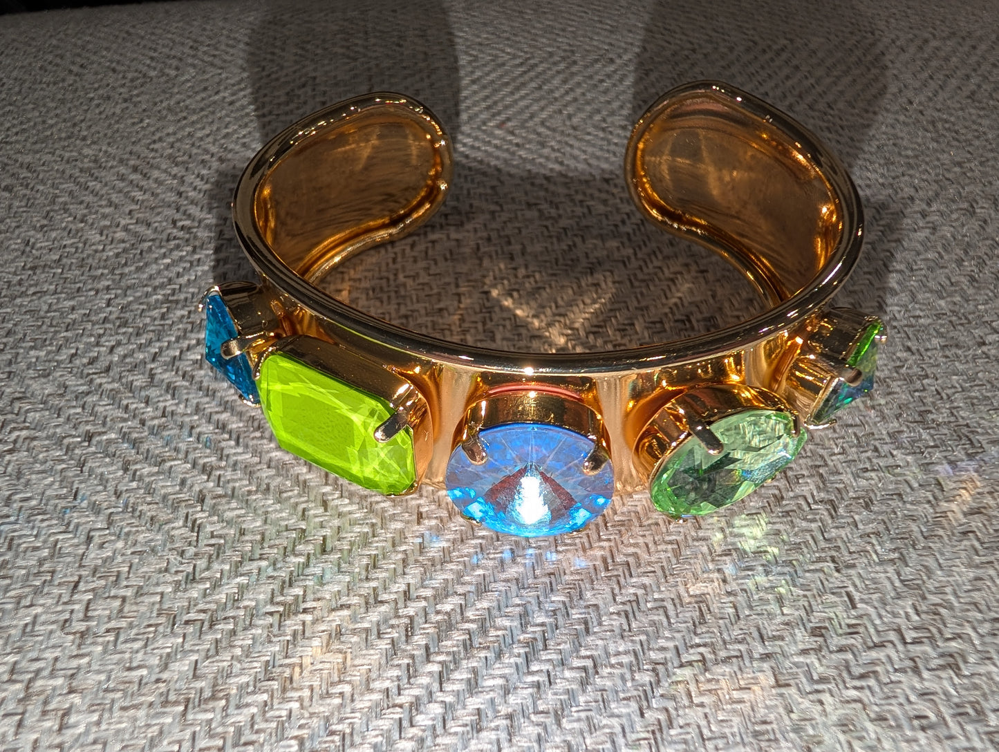 Pre Order WaFa 4-Stone Mixed Crystal Cuff Bracelet — blue: neon green cushion, aqua blue rivoli center, light green oval, and blue marquise on wide gold cuff