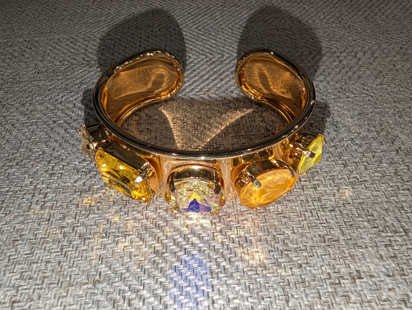 Pre Order WaFa 4-Stone Mixed Crystal Cuff Bracelet — citrus: neon yellow cushion, clear AB rivoli center, amber oval, and neon yellow marquise on wide gold cuff