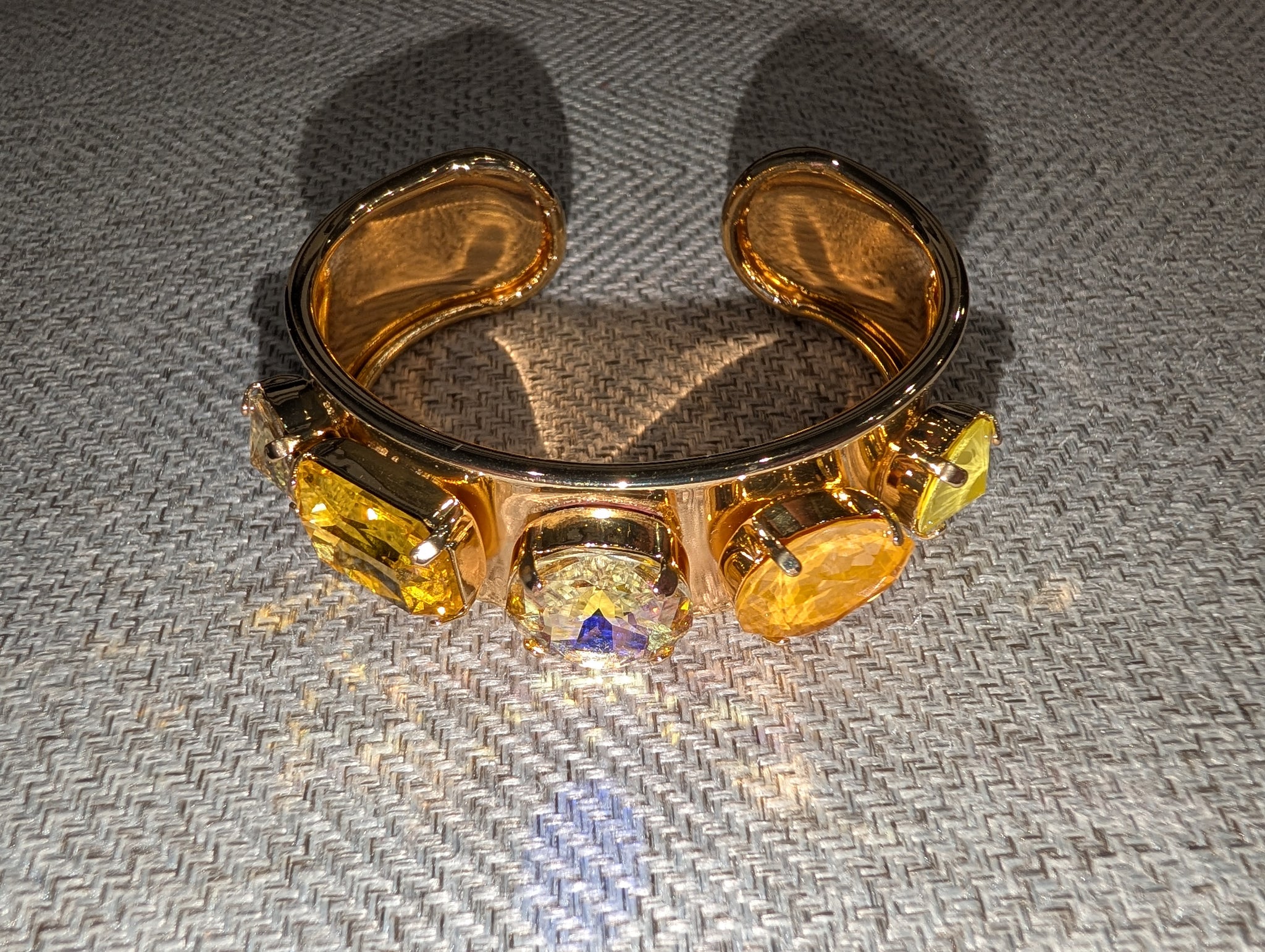 Pre Order WaFa 4-Stone Mixed Crystal Cuff Bracelet — citrus: neon yellow cushion, clear AB rivoli center, amber oval, and neon yellow marquise on wide gold cuff
