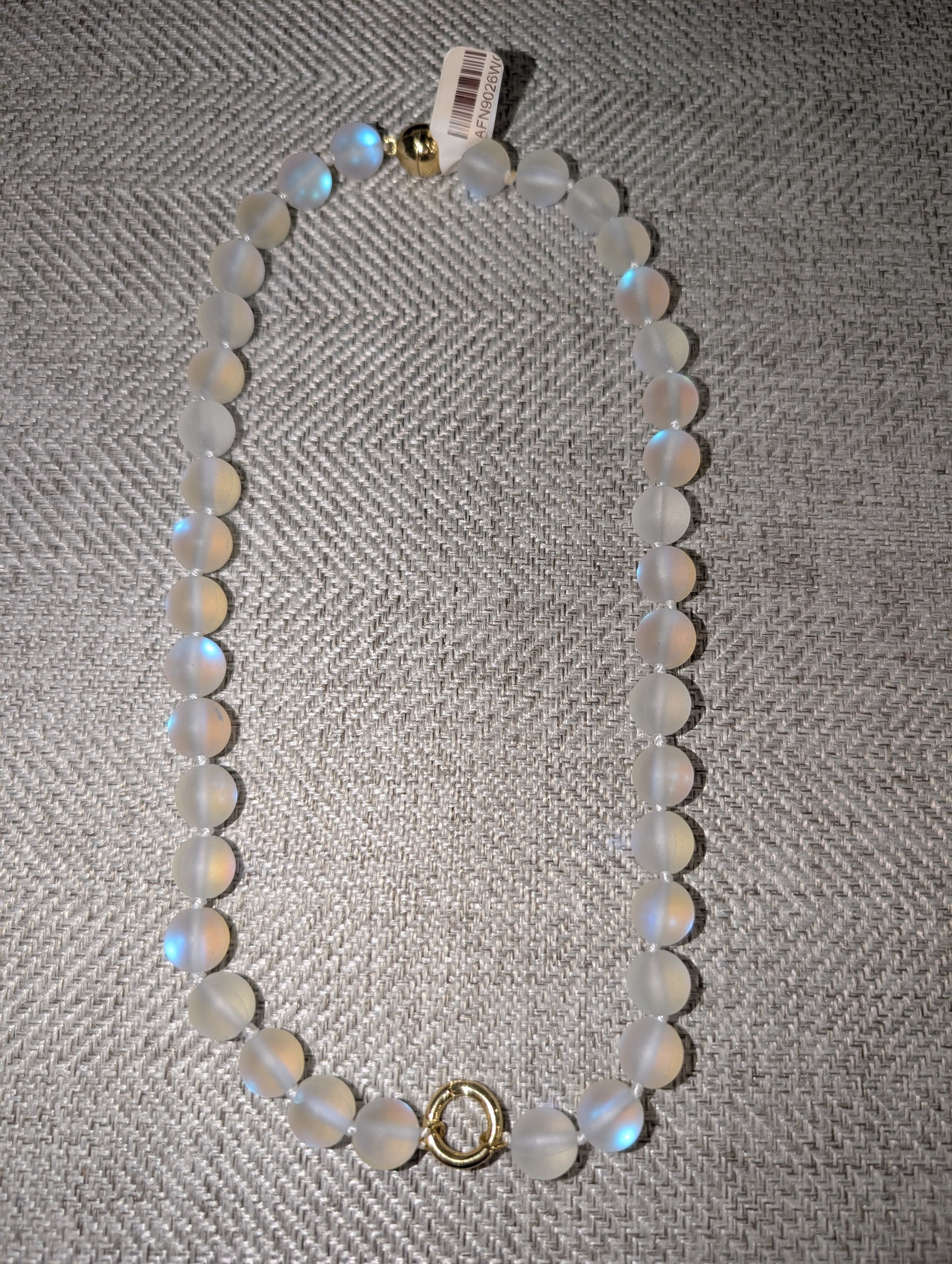 Pre Order WaFa Mermaid Glass Bead Necklace — white: full strand of frosted white opalescent mermaid glass beads with gold ball clasp and gold ring clasp