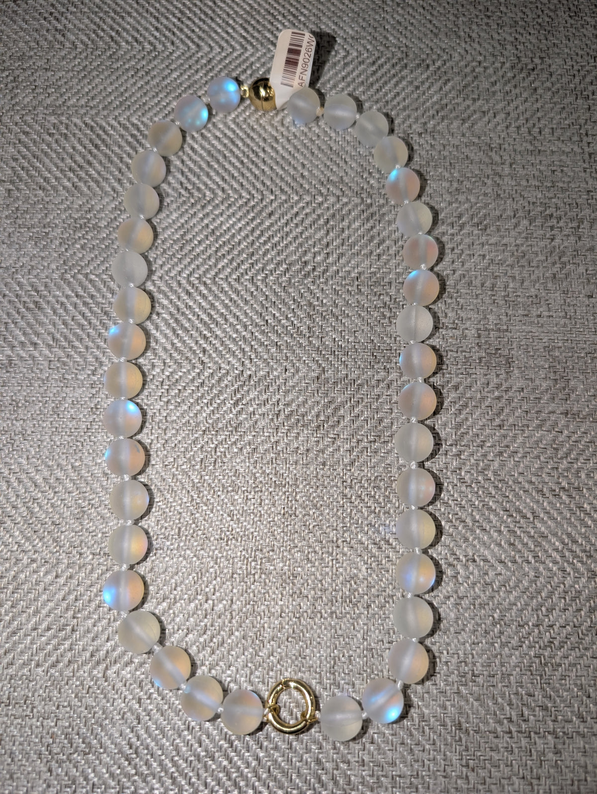 Pre Order WaFa Mermaid Glass Bead Necklace — white: full strand of frosted white opalescent mermaid glass beads with gold ball clasp and gold ring clasp