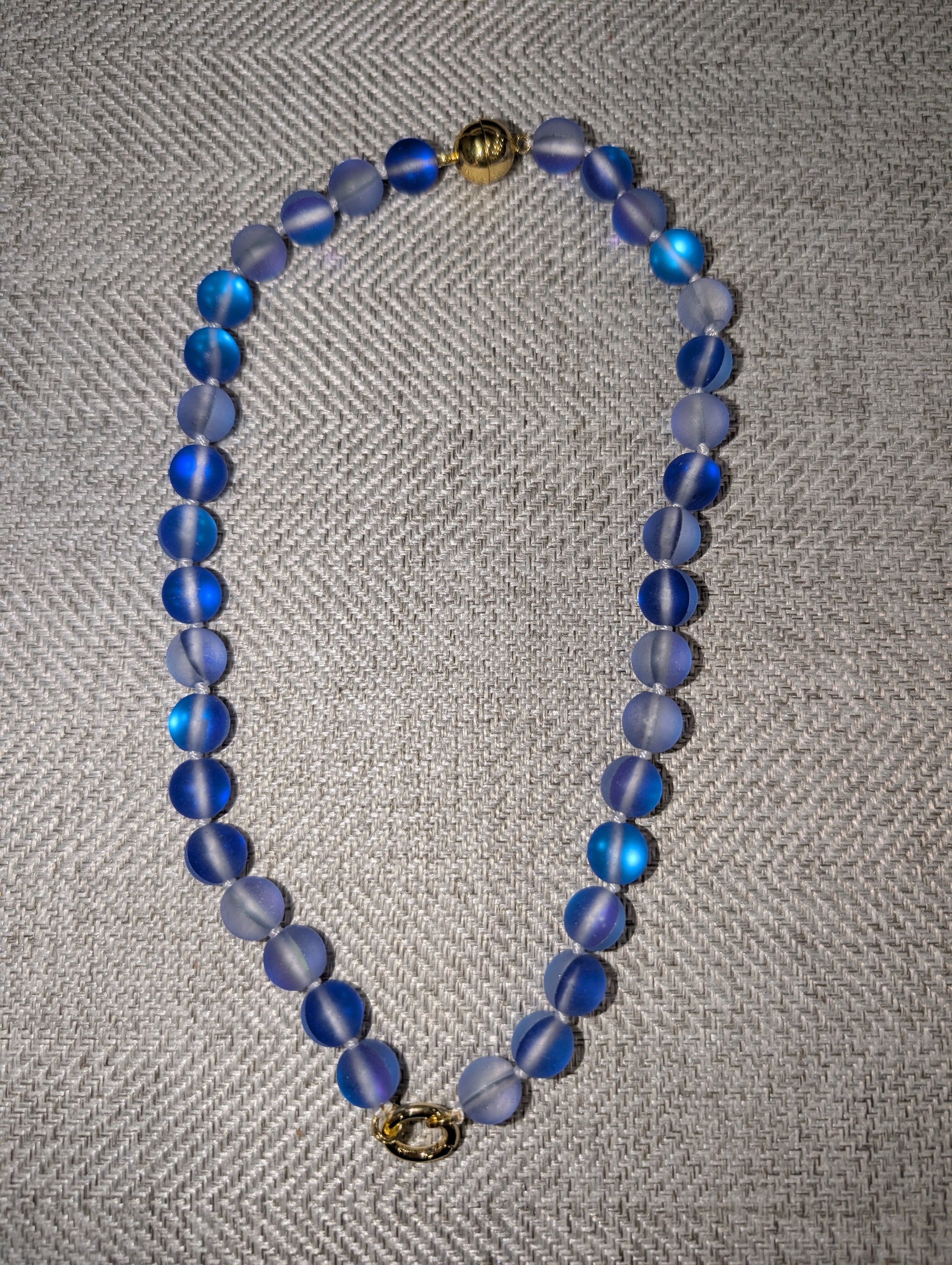Pre Order WaFa Mermaid Glass Bead Necklace — blue: full strand of frosted periwinkle to cobalt iridescent mermaid glass beads with gold magnetic ball clasp and gold ring clasp