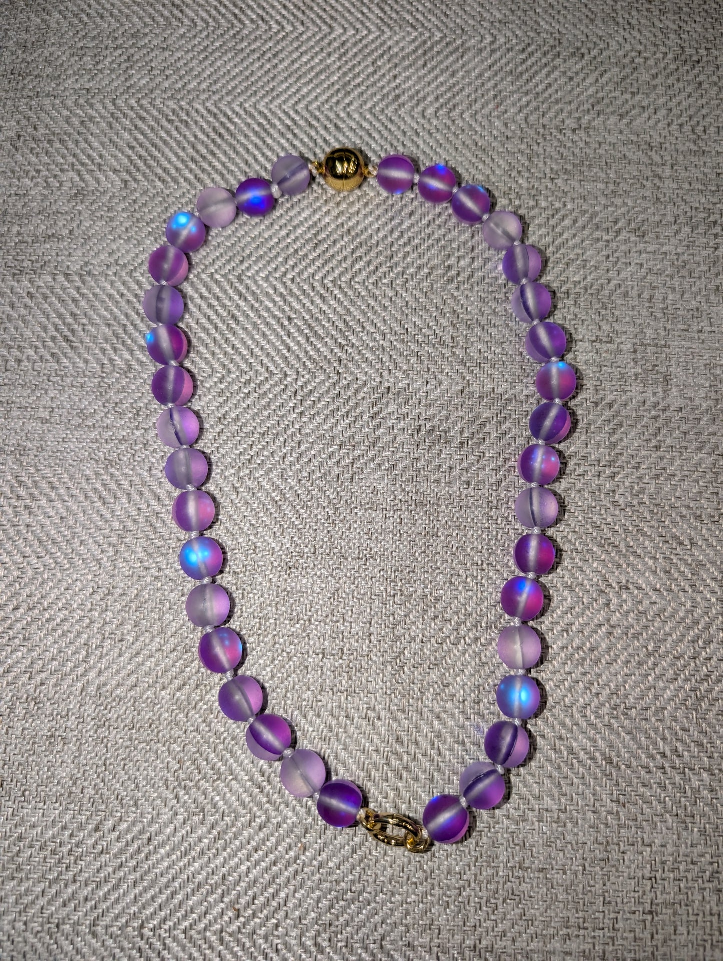 Pre Order WaFa Mermaid Glass Bead Necklace — purple: full strand of frosted lavender to deep violet iridescent mermaid glass beads with gold magnetic ball clasp and gold ring clasp