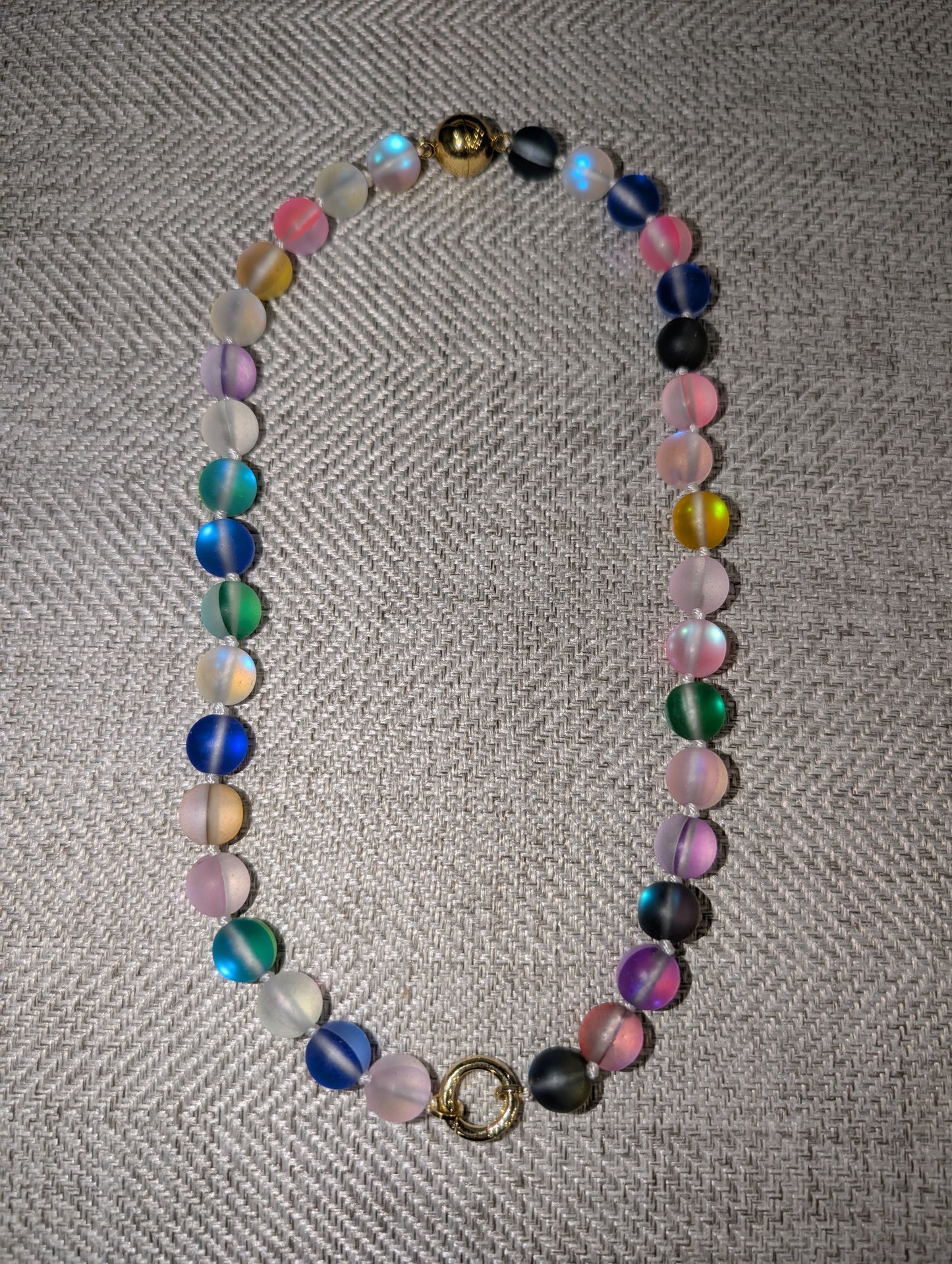 Pre Order WaFa Mermaid Glass Bead Necklace — multi color: full strand of mixed iridescent mermaid glass beads in every color with gold magnetic ball clasp and gold ring clasp