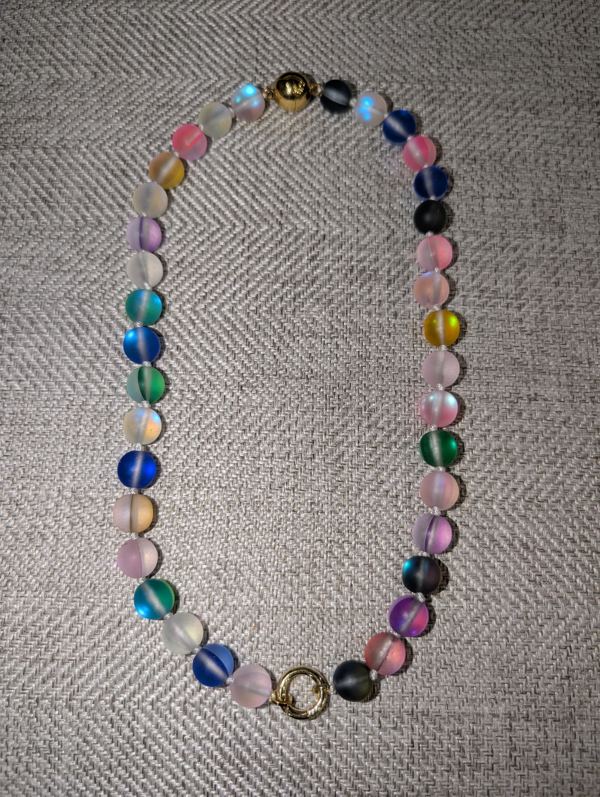 Pre Order WaFa Mermaid Glass Bead Necklace — multi color: full strand of mixed iridescent mermaid glass beads in every color with gold magnetic ball clasp and gold ring clasp