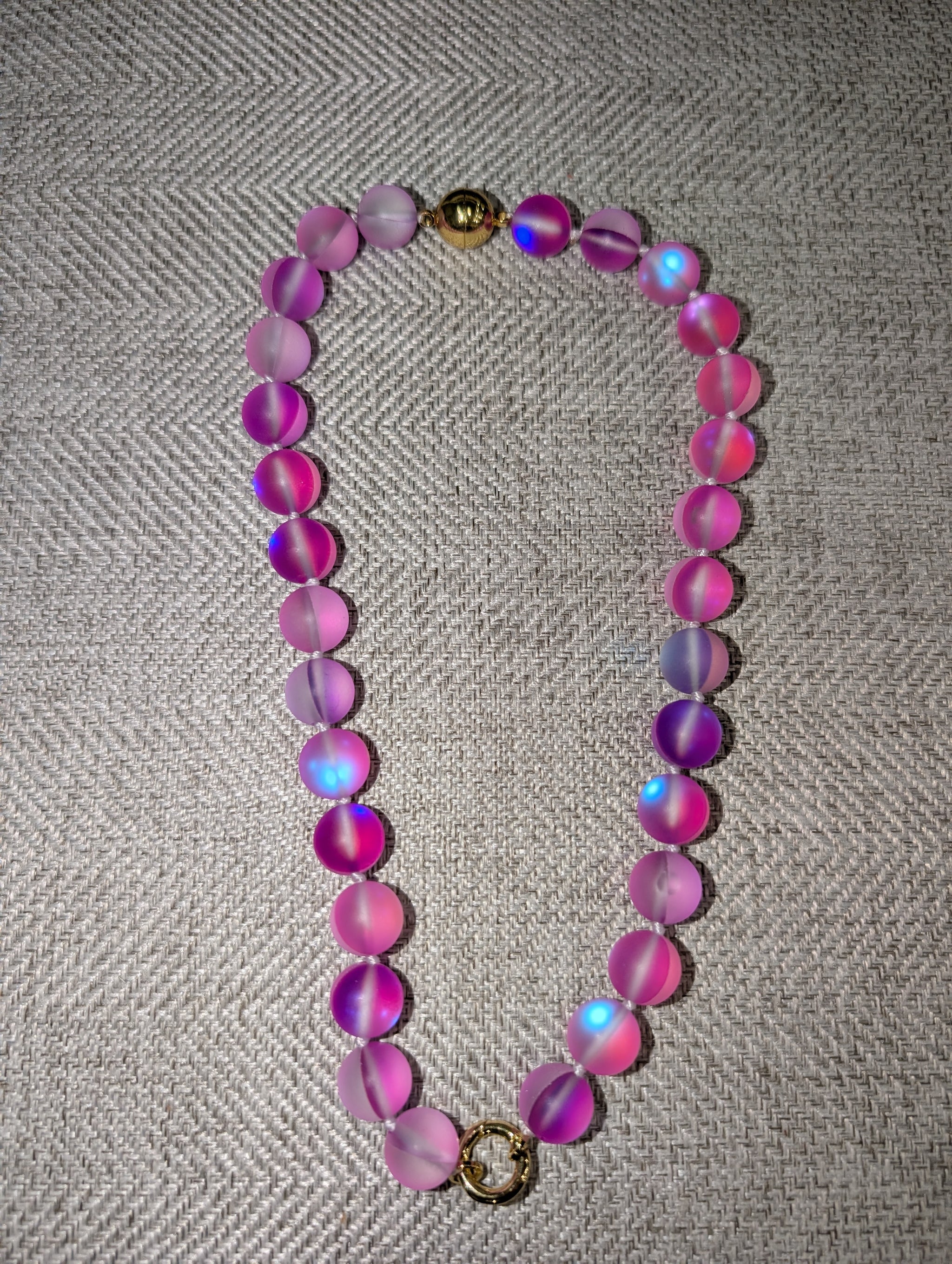 Pre Order WaFa Big Bead Mermaid Glass Necklace — purple: oversized frosted pink-to-violet iridescent mermaid glass beads with gold magnetic ball clasp and gold ring clasp