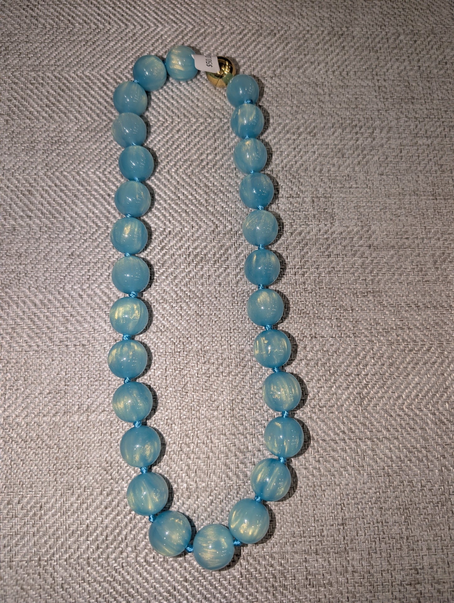 Pre Order WaFa Marbled Resin Bead Necklace — blue: oversized opalescent sky blue resin round beads knotted on blue cord with gold magnetic ball clasp