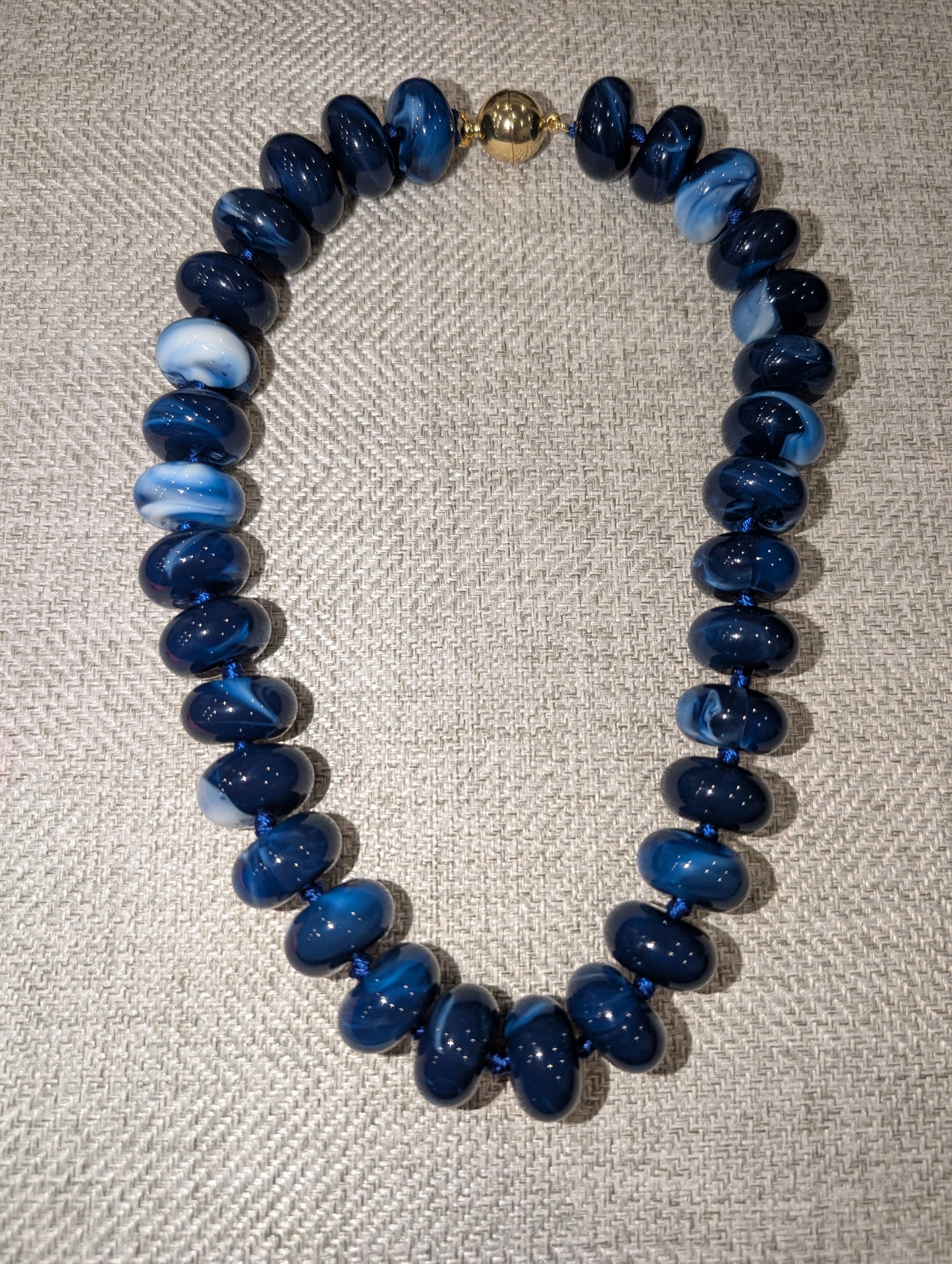 Pre Order WaFa Navy Blue Marbled Rondelle Bead Necklace — oversized deep navy blue and white marbled rondelle resin beads hand-knotted on blue cord with gold magnetic ball clasp