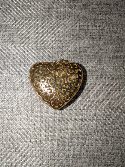 Pre Order WaFa Puffy Gold Scrollwork Heart Pendant — front: large puffy gold heart with intricate black-accented scrollwork and filigree engraving