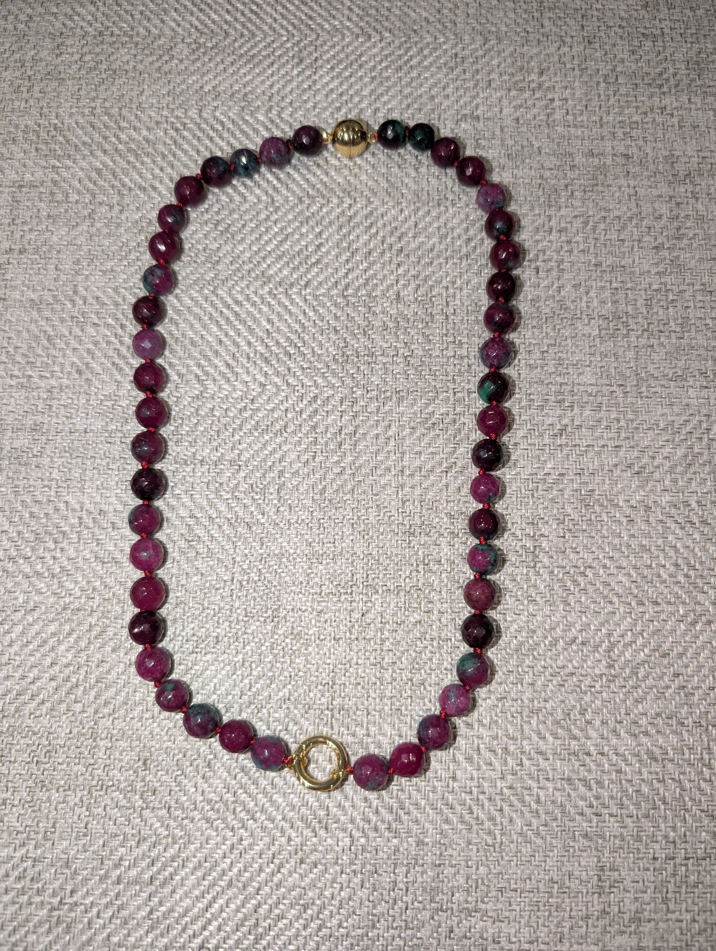 Pre Order WaFa Ruby Zoisite Gemstone Bead Necklace — faceted deep ruby red, magenta, and dark green tourmaline mixed gemstone beads with gold magnetic ball clasp and decorative gold spring ring center detail