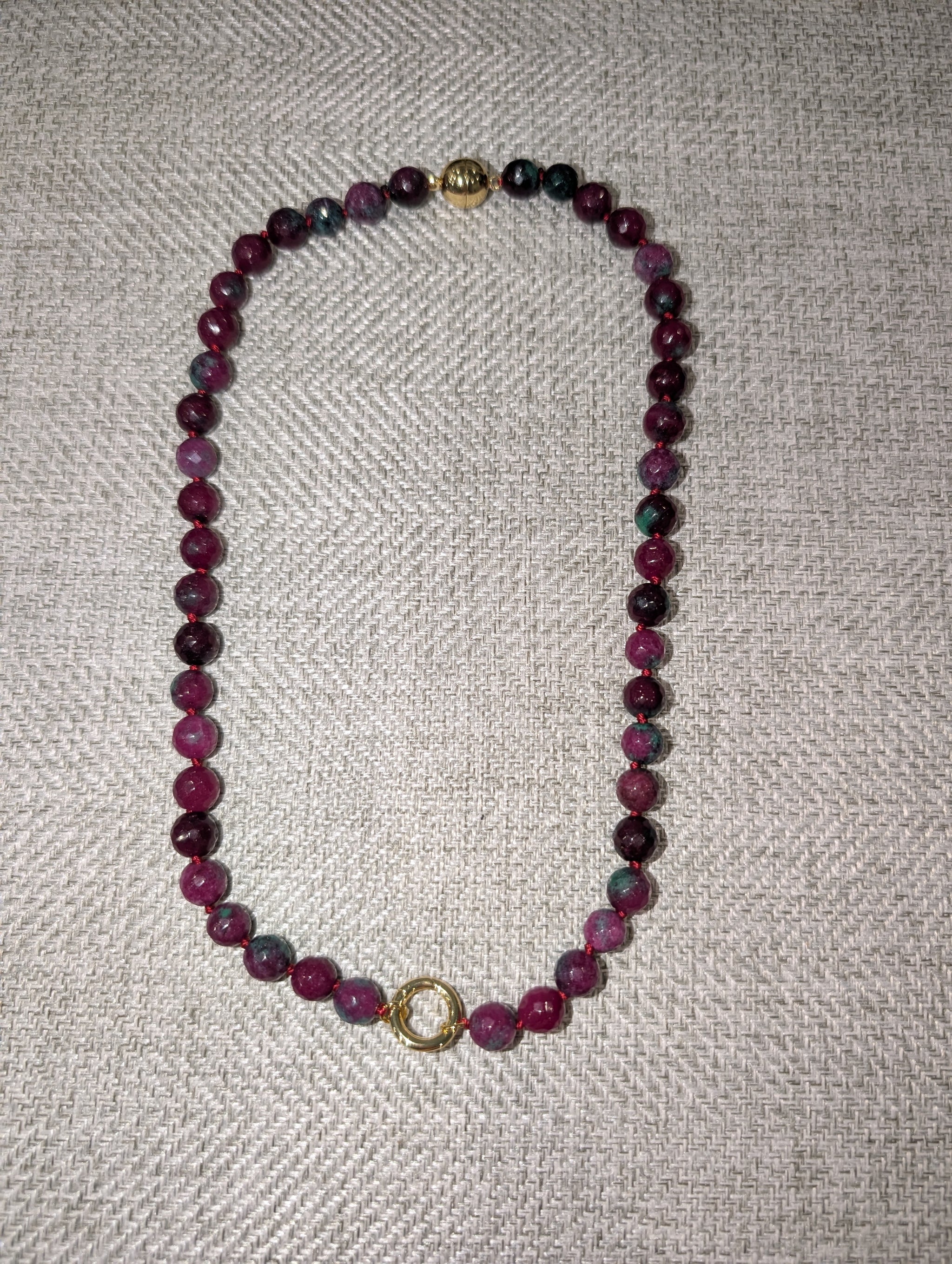 Pre Order WaFa Ruby Zoisite Gemstone Bead Necklace — faceted deep ruby red, magenta, and dark green tourmaline mixed gemstone beads with gold magnetic ball clasp and decorative gold spring ring center detail