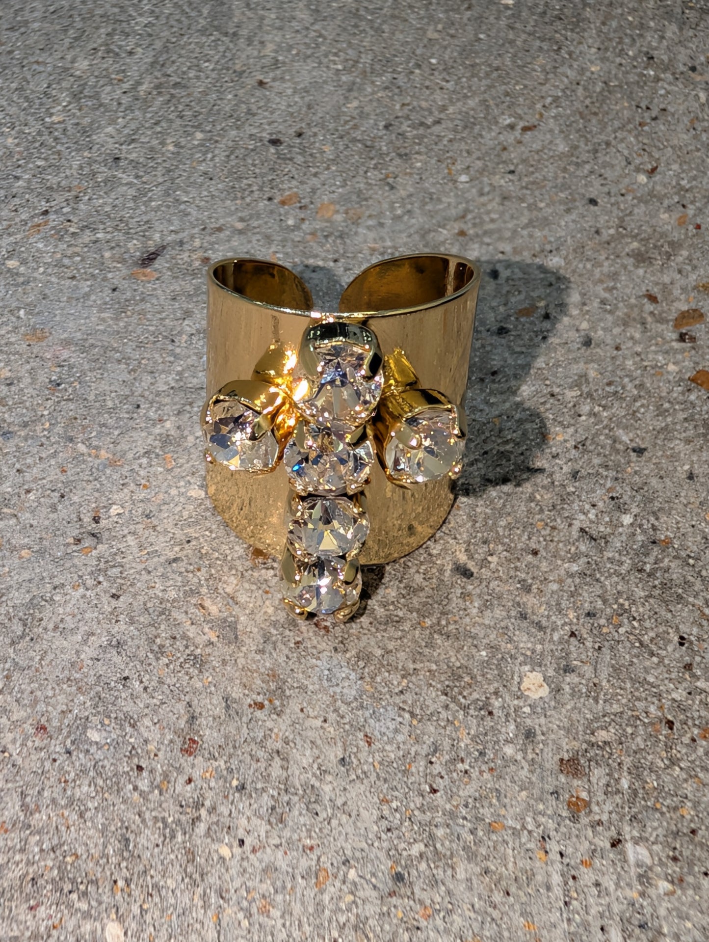 Pre Order WaFa Crystal Cross Wide Gold Cuff Ring — crystal: clear rhinestone cross motif with round and cushion-cut stones on wide hammered gold open cuff ring band