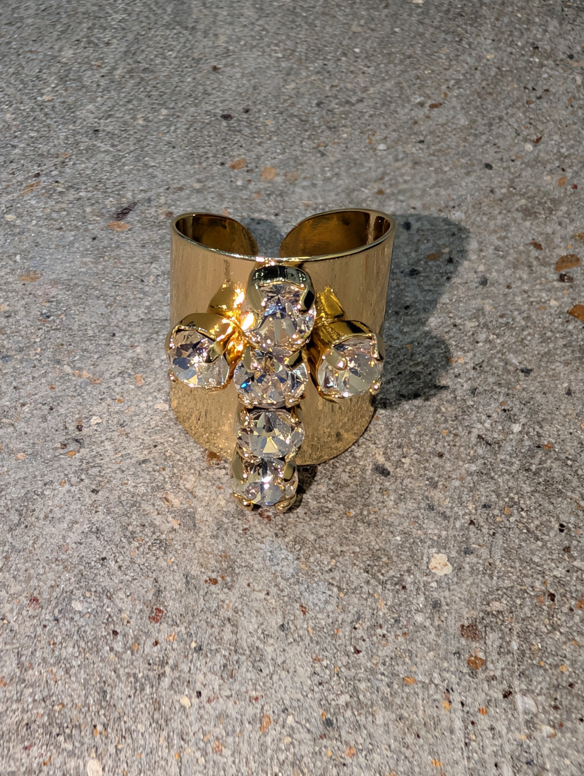 Pre Order WaFa Crystal Cross Wide Gold Cuff Ring — crystal: clear rhinestone cross motif with round and cushion-cut stones on wide hammered gold open cuff ring band
