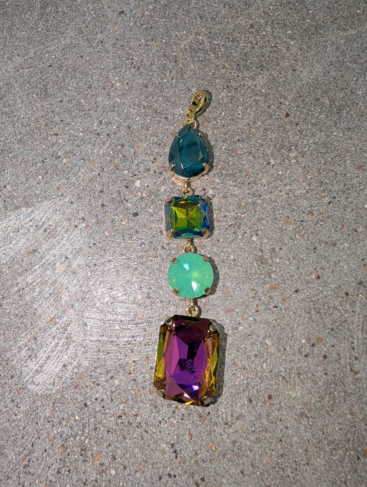 Pre Order WaFa 4-Stone Mixed-Cut Crystal Drop Pendant — jewel: teal teardrop, green AB cushion, mint round rivoli, and volcano rectangle emerald-cut crystals linked vertically in gold prong settings with gold bail