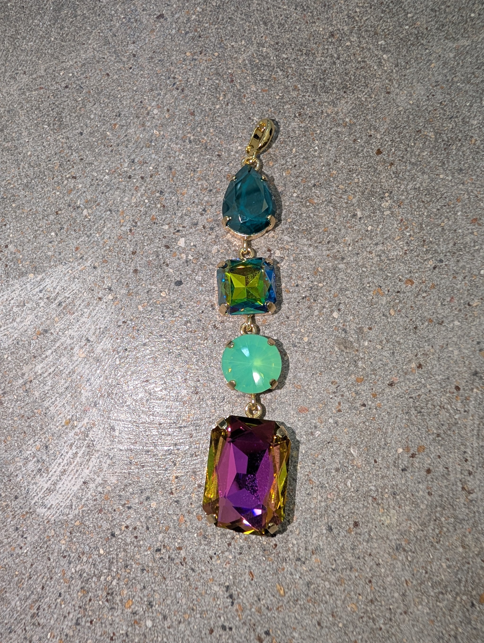 Pre Order WaFa 4-Stone Mixed-Cut Crystal Drop Pendant — jewel: teal teardrop, green AB cushion, mint round rivoli, and volcano rectangle emerald-cut crystals linked vertically in gold prong settings with gold bail
