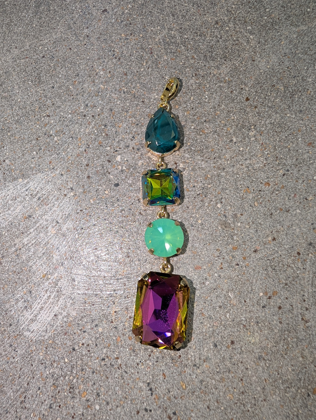Pre Order WaFa 4-Stone Mixed-Cut Crystal Drop Pendant — jewel: teal teardrop, green AB cushion, mint round rivoli, and volcano rectangle emerald-cut crystals linked vertically in gold prong settings with gold bail