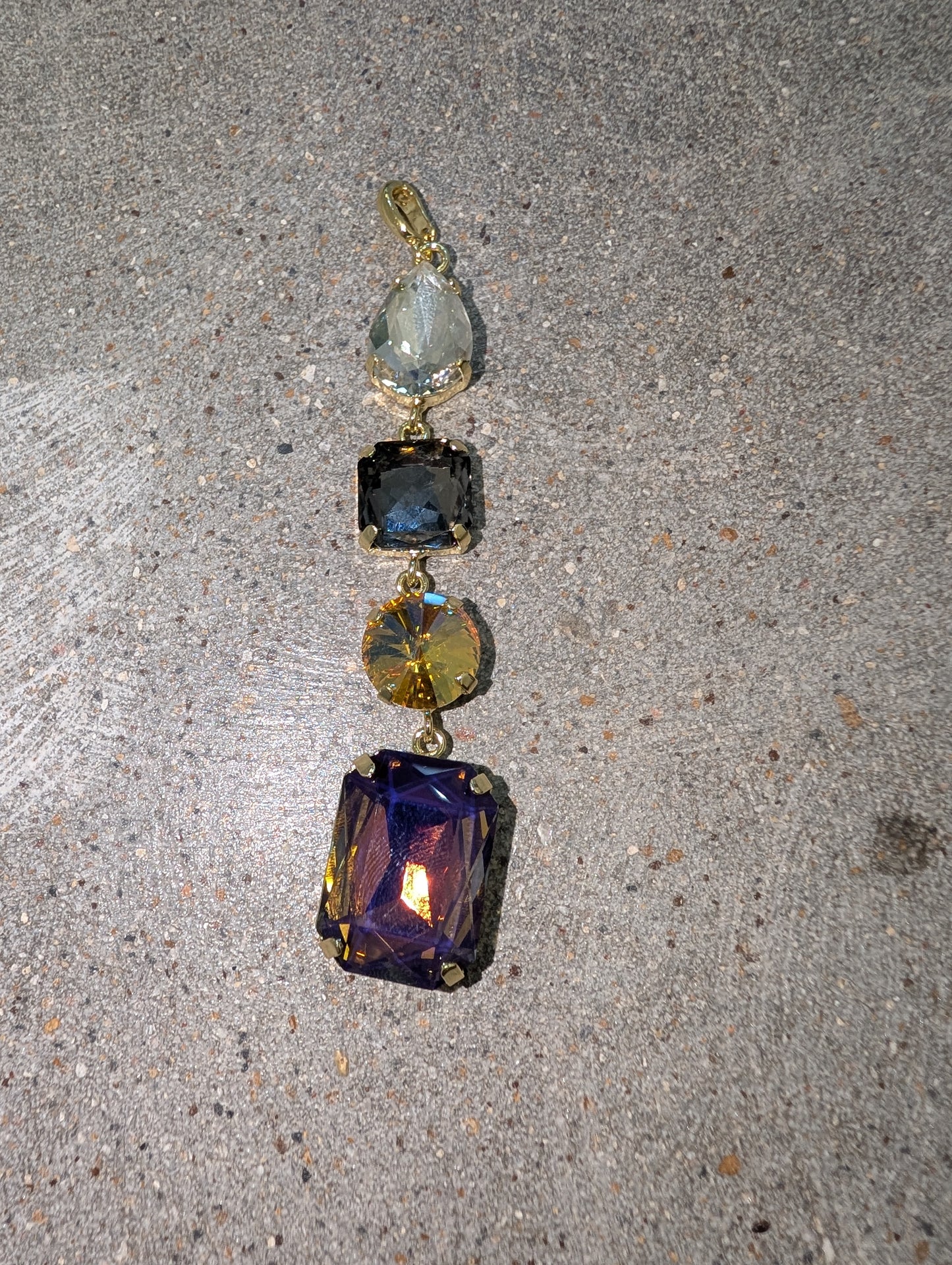 Pre Order WaFa 4-Stone Mixed-Cut Crystal Drop Pendant — smoke: clear teardrop, slate blue cushion, golden citrine rivoli, and deep purple rectangle emerald-cut crystals linked vertically in gold prong settings with gold bail