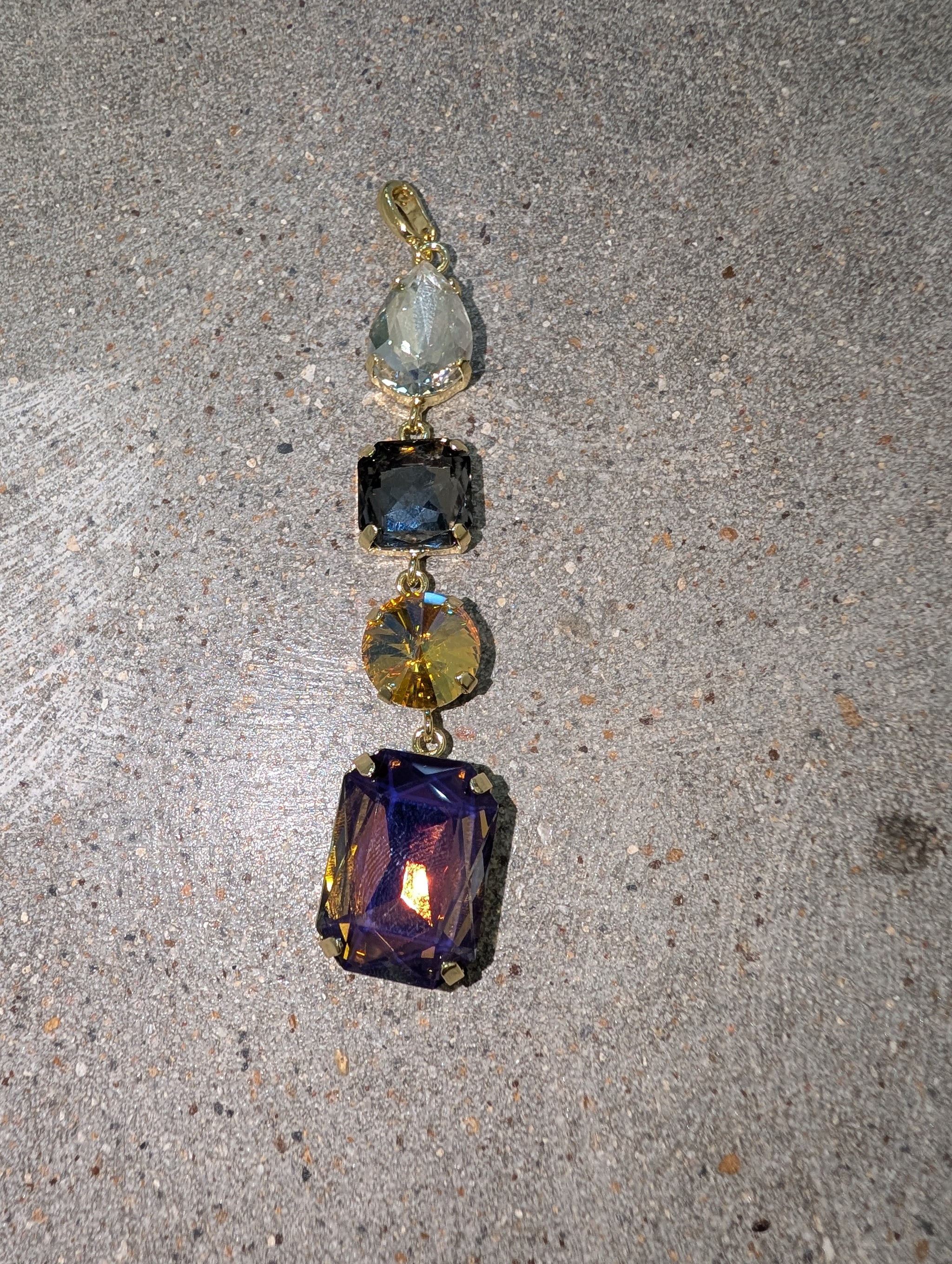 Pre Order WaFa 4-Stone Mixed-Cut Crystal Drop Pendant — smoke: clear teardrop, slate blue cushion, golden citrine rivoli, and deep purple rectangle emerald-cut crystals linked vertically in gold prong settings with gold bail