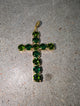 Pre Order WaFa Emerald Green Crystal Cross Pendant — oversized round faceted emerald green crystals set in gold prong cups forming a bold cross shape with gold bail