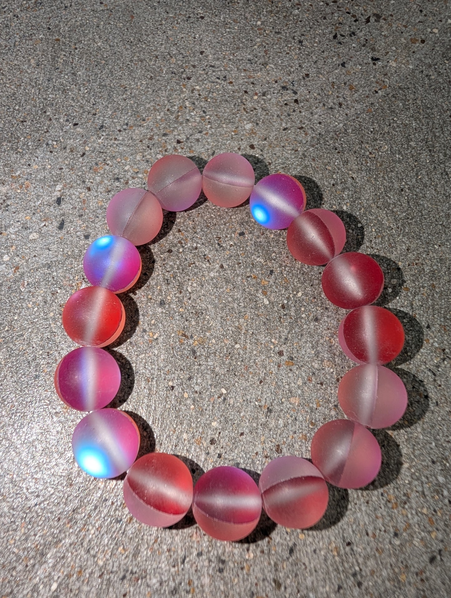Pre Order WaFa Frosted Mermaid Glass Bead Stretch Bracelet — pink/red: oversized frosted blush pink and deep red round mermaid glass beads with blue aurora iridescent flash on stretch cord