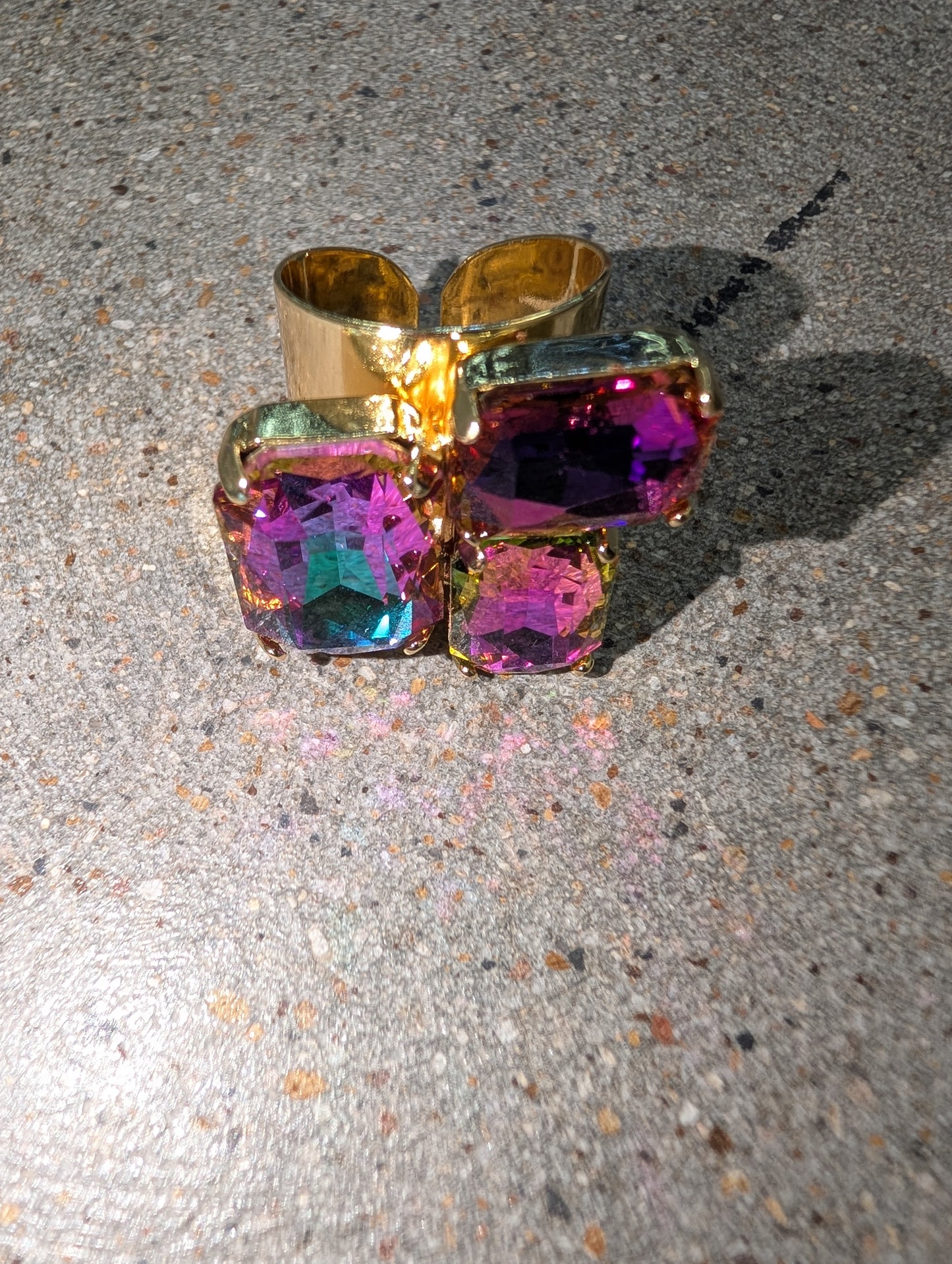 Pre Order WaFa Volcano Crystal Ring — four oversized faceted square crystals in violet, pink, teal, and rose set in gold-tone prong cluster cuff