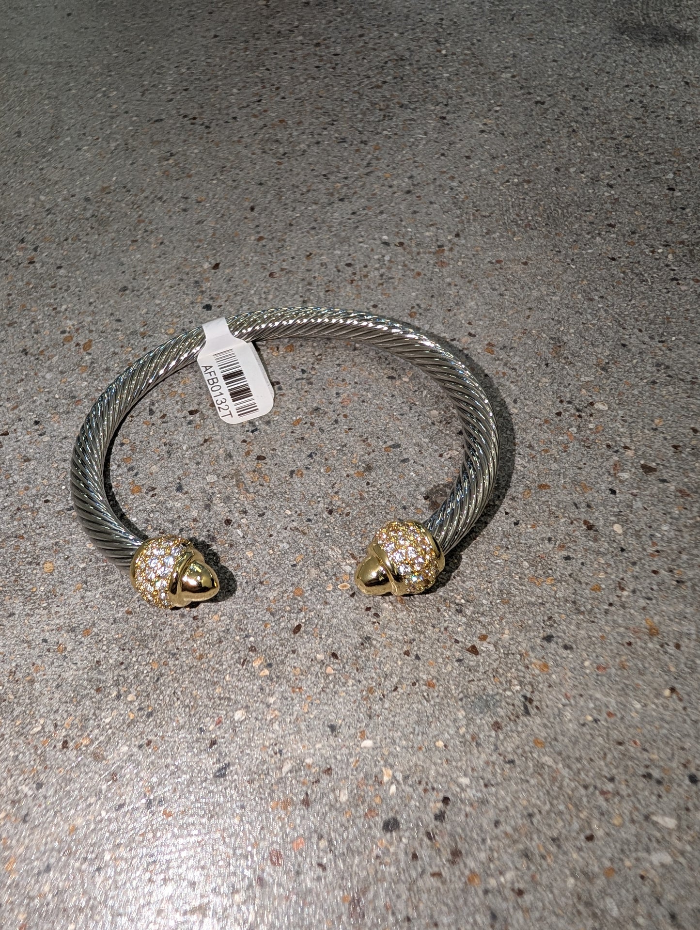 Pre Order WaFa Twisted Cable Cuff Bracelet — large: thick twisted silver cable open cuff with oversized pavé crystal dome gold end caps