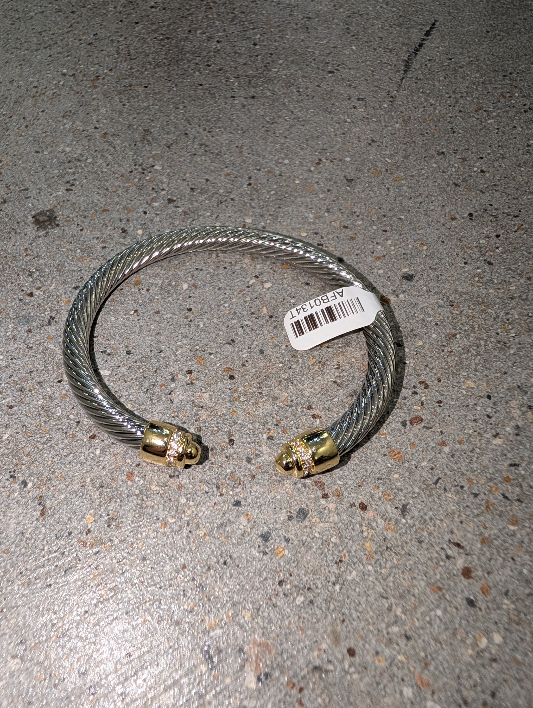Pre Order WaFa Twisted Cable Cuff Bracelet — small: twisted silver cable open cuff with cylindrical gold and pavé crystal band end caps